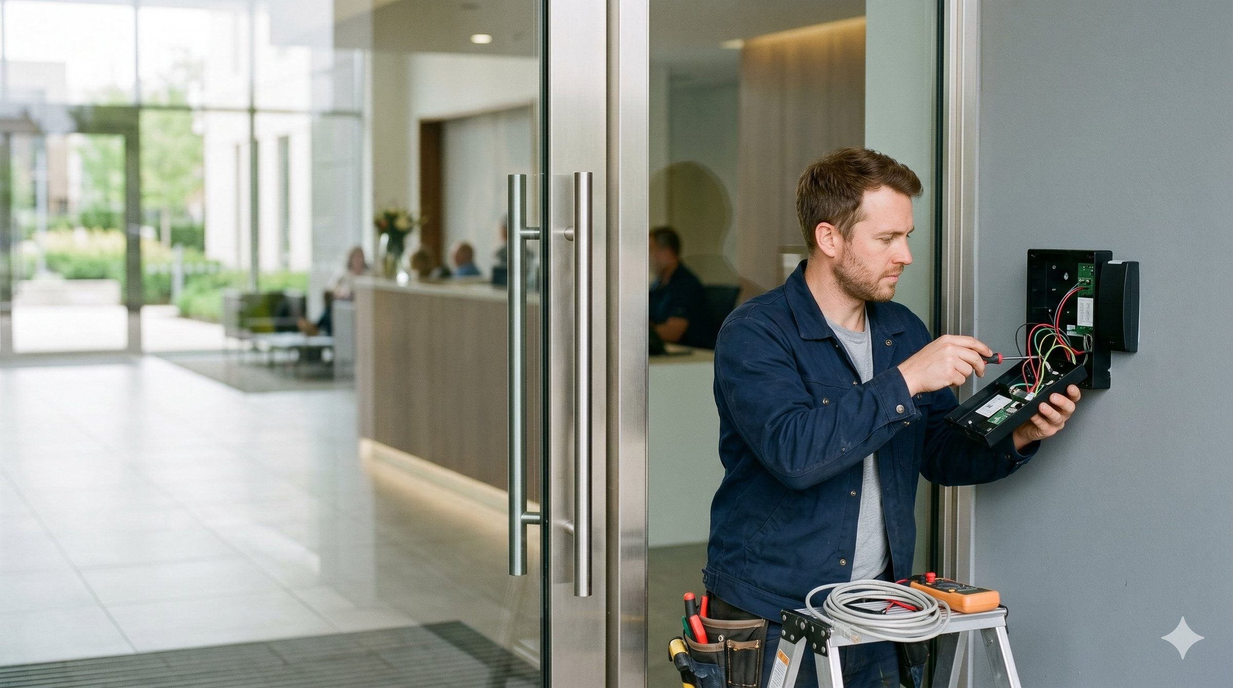 Technician installing an access control card reader at a glass entrance