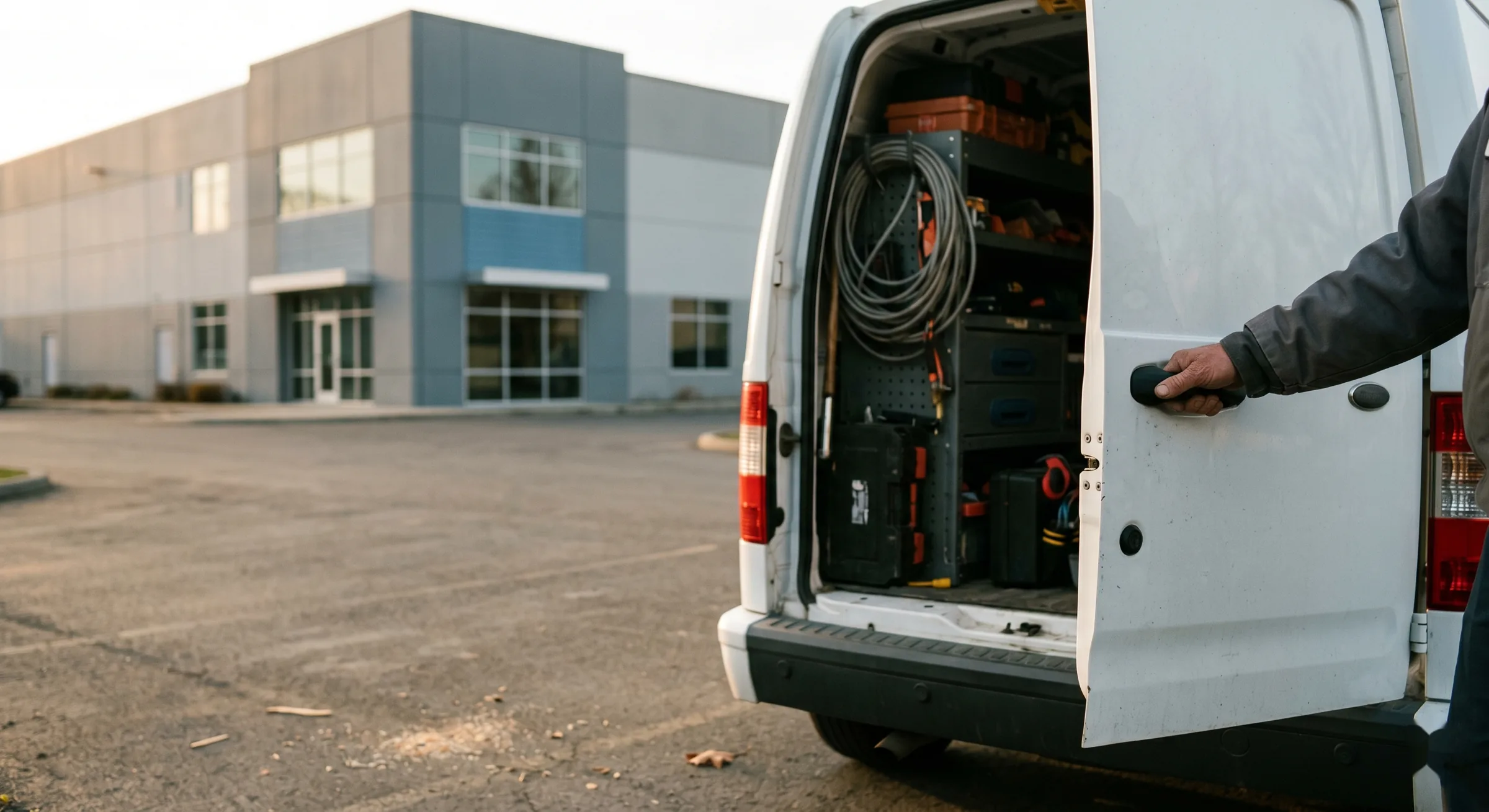 Low-voltage contractor service van at a commercial building