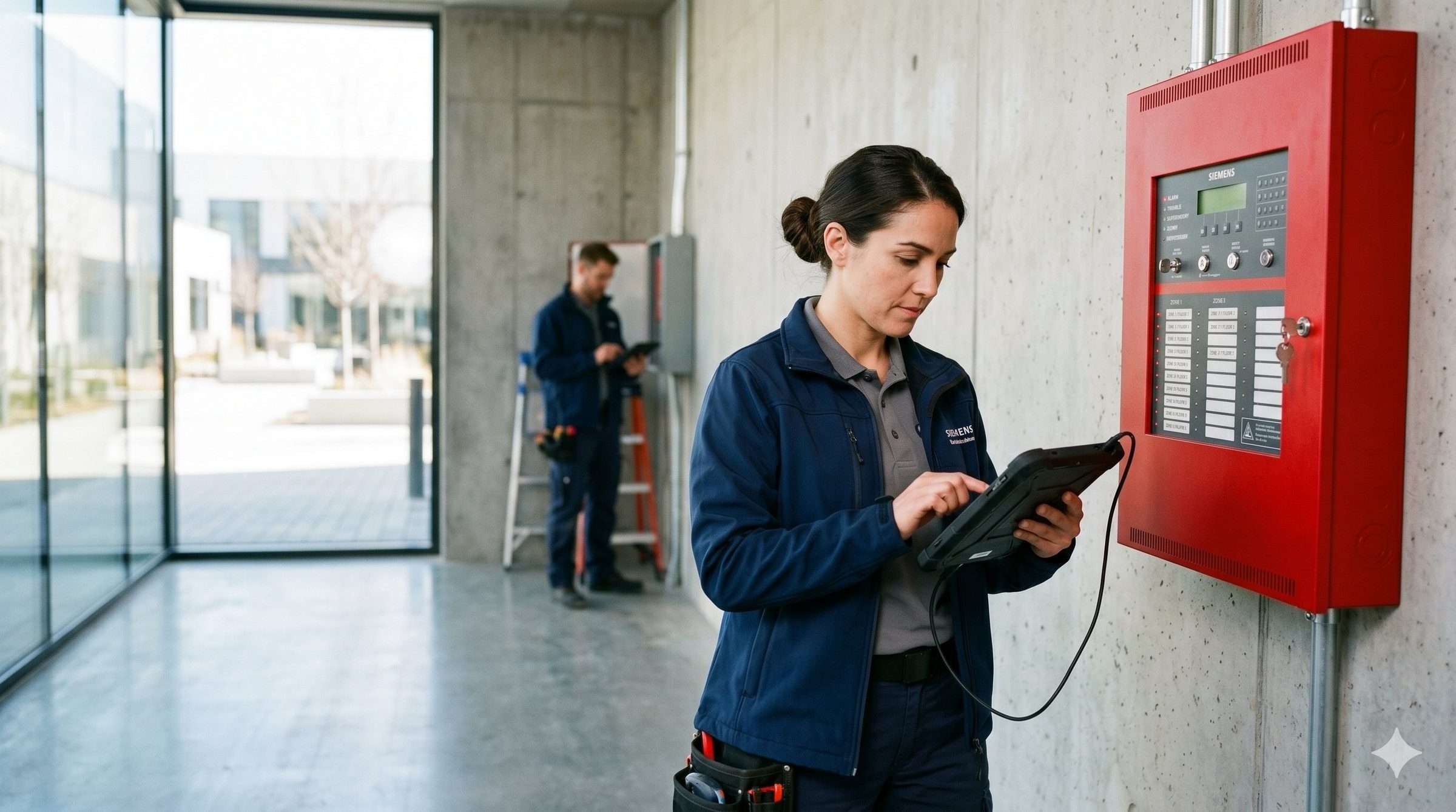 Technician inspecting a commercial fire alarm control panel