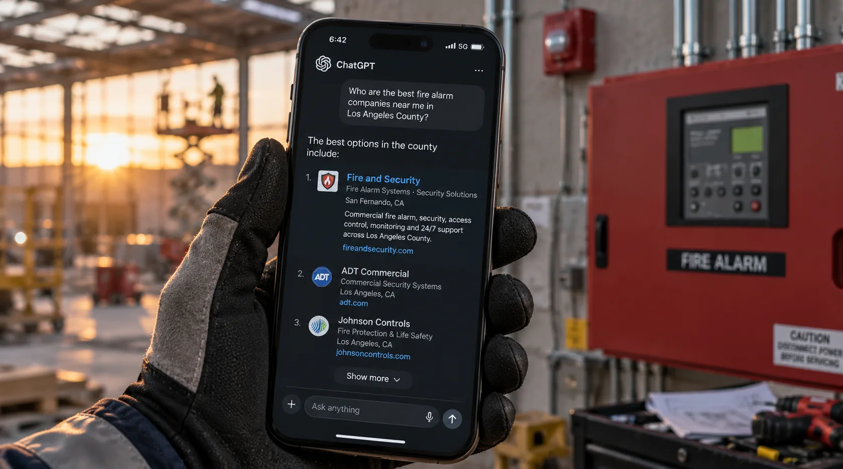 AI search answer citing a fire and security contractor as the top recommendation