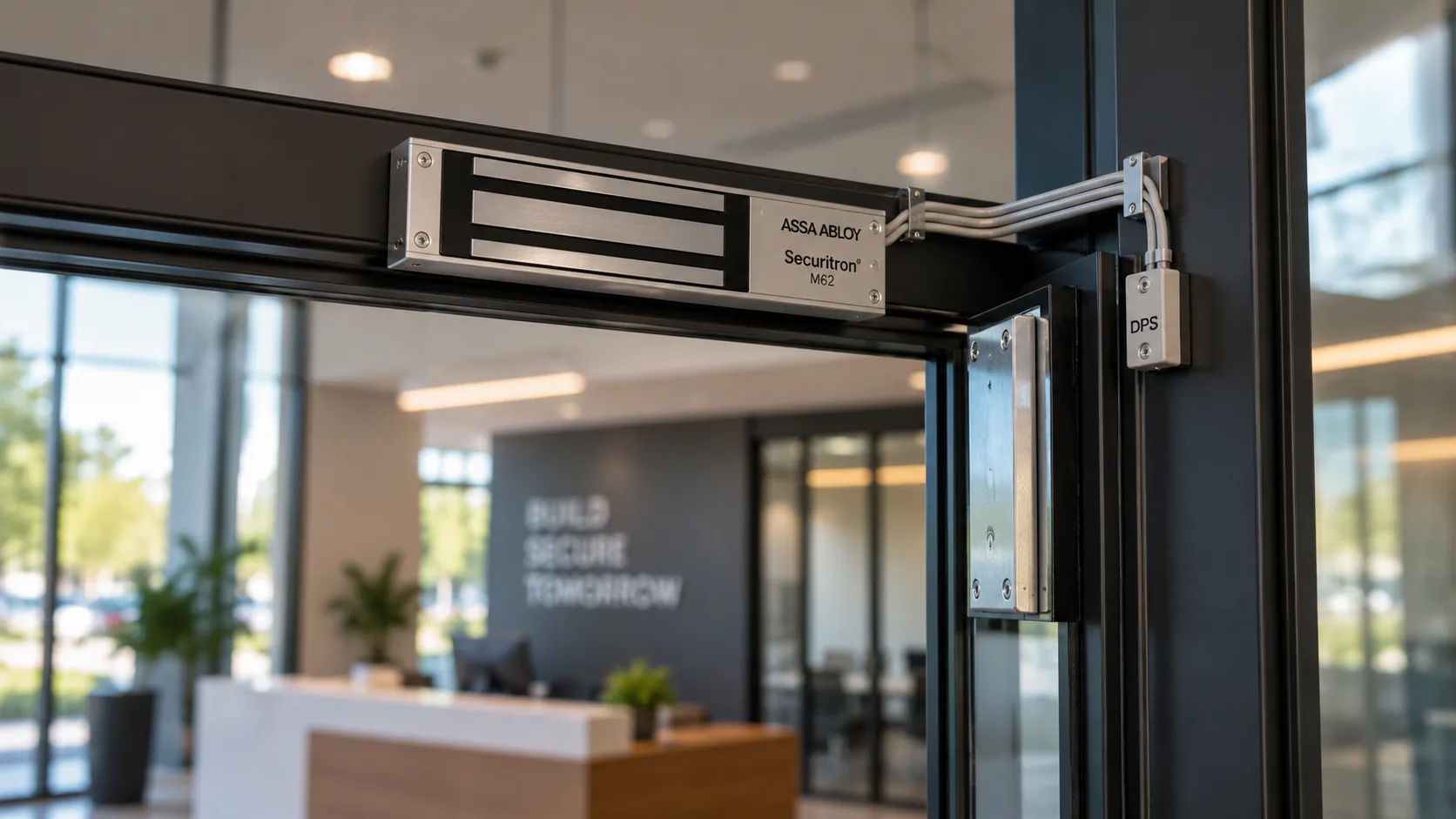ASSA ABLOY Securitron Magnalock M62 electromagnetic lock mounted on the top of a full-glass office door frame with a door position switch on the strike side and thin power and monitoring conductors dressed in surface raceway, with a glass office lobby and reception desk blurred behind, illustrating commercial access control devices.