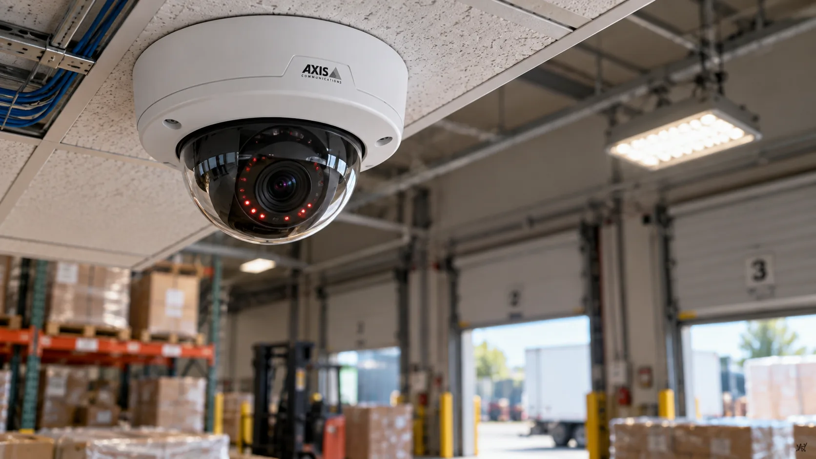 Axis P3268-LVE dome camera mounted on a suspended-ceiling tile at a warehouse loading dock, black bubble housing with IR illuminator ring lit faintly red, structured cabling drop-ceiling and a high-bay LED fixture partially visible, with blurred pallet racking in the background, illustrating commercial video surveillance devices.