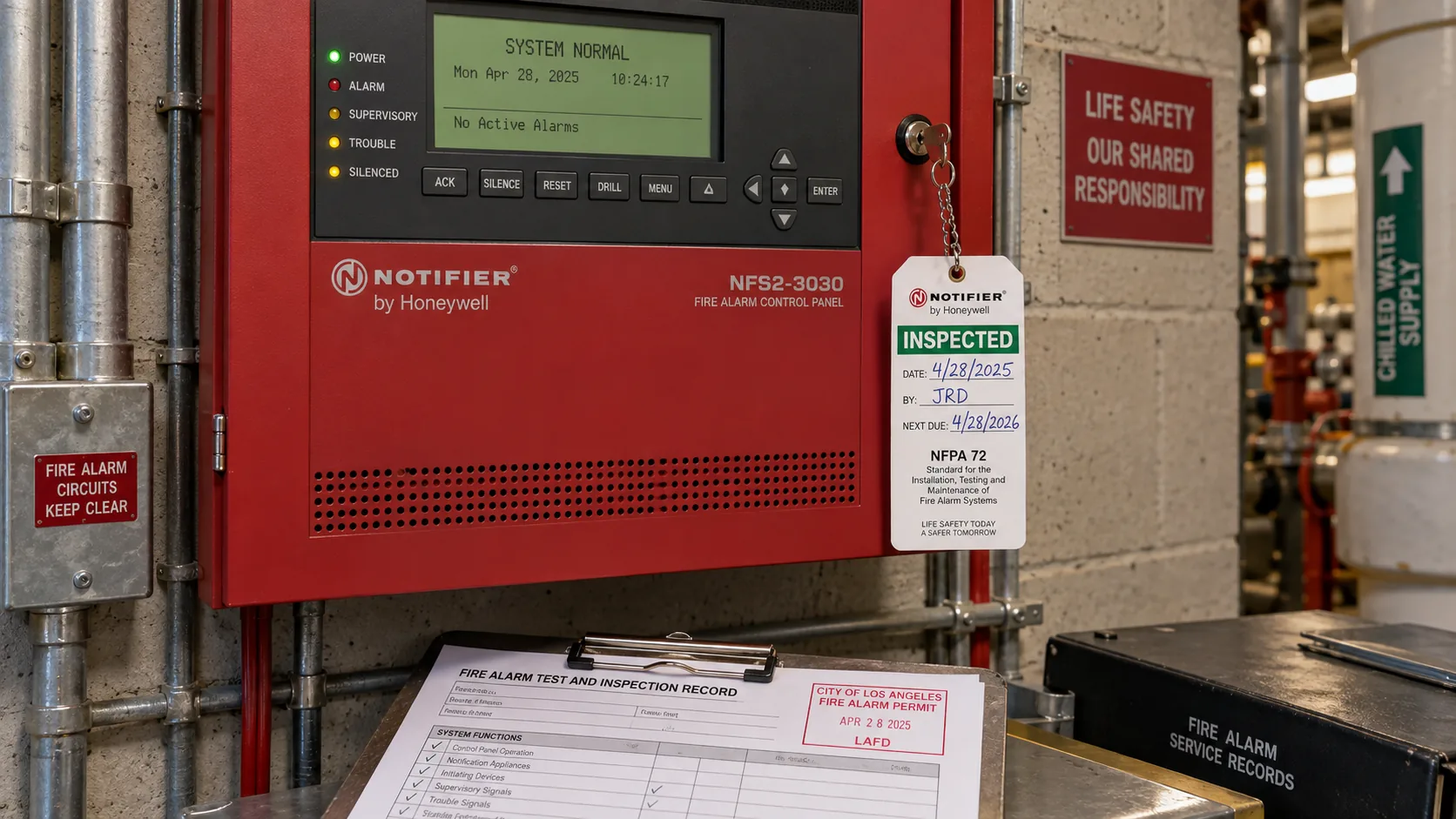 Red Notifier by Honeywell NFS2-3030 fire alarm control panel showing SYSTEM NORMAL with an INSPECTED tag hanging on the key dated 4/28/2025 signed JRD, NEXT DUE 4/28/2026, NFPA 72 citation, Fire Alarm Test and Inspection Record clipboard with a City of Los Angeles LAFD Fire Alarm Permit stamp on the workbench below.