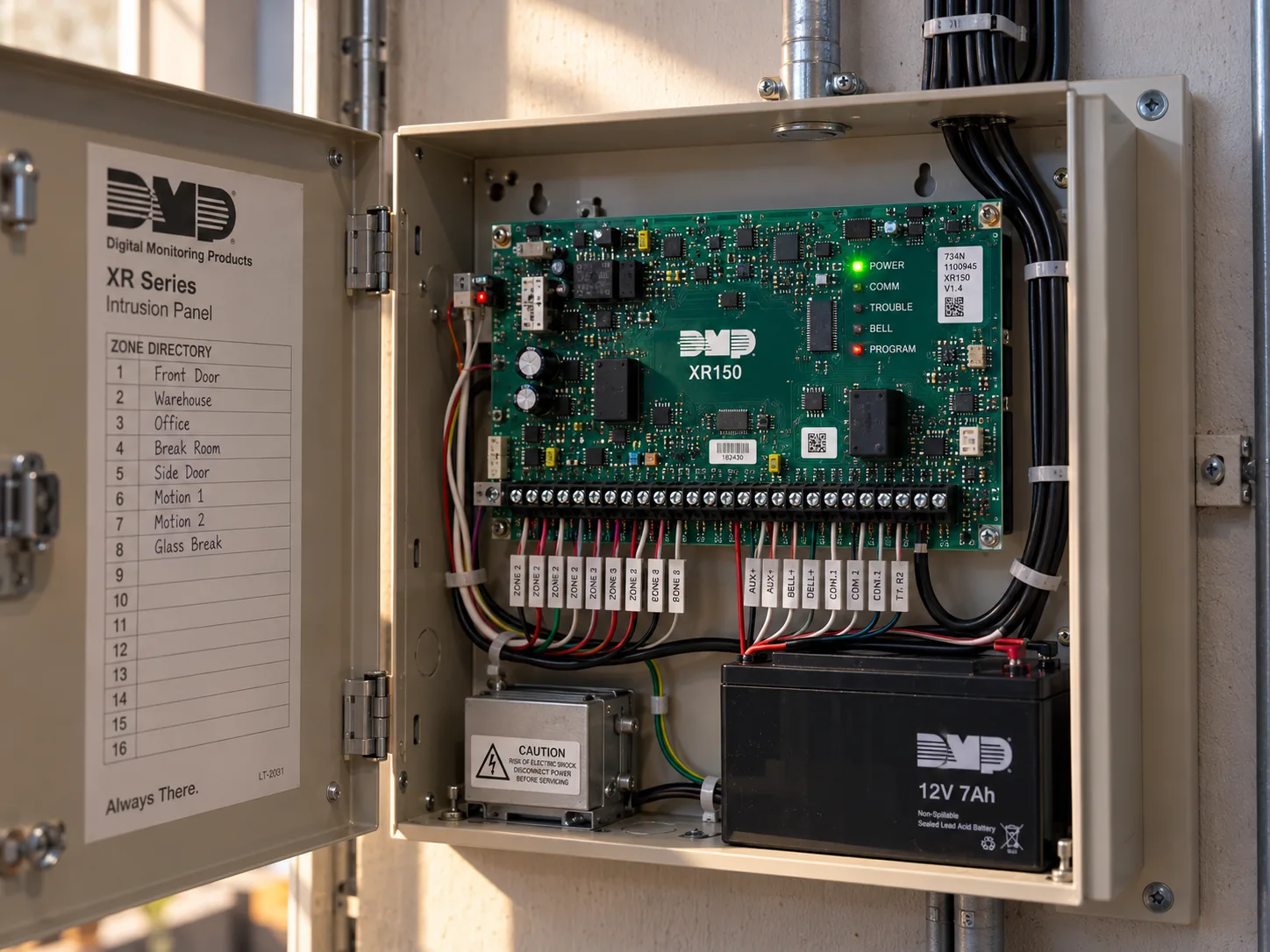 Open DMP XR Series intrusion panel enclosure showing an XR150 control board with green POWER and COMM LEDs, a labeled zone directory listing Front Door, Warehouse, Office, Break Room, Side Door, Motion 1 and 2, and Glass Break, and a 12V 7Ah backup battery, illustrating marketing services for burglar alarm companies.