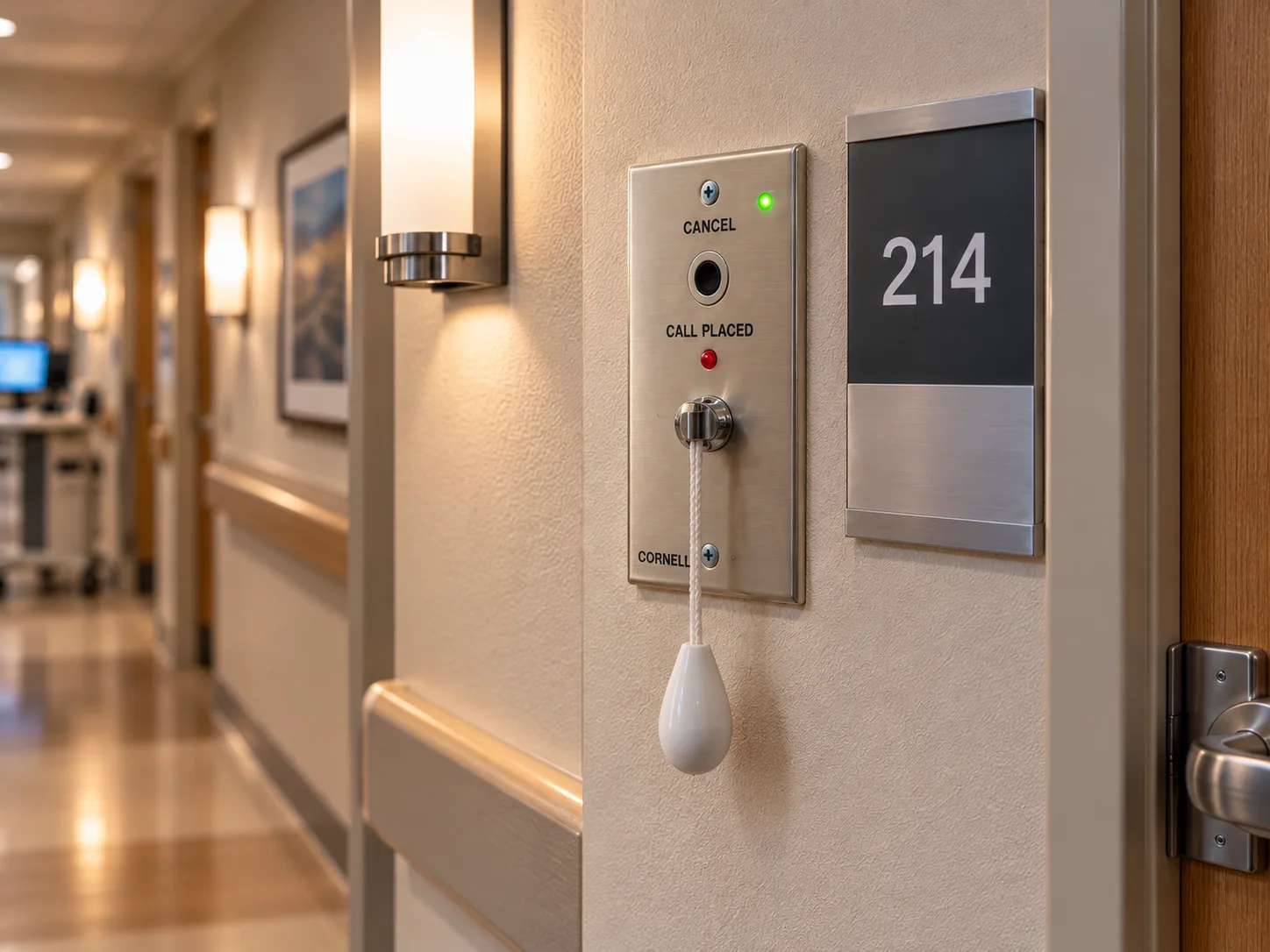 Cornell brushed stainless nurse-call pull-cord station at Room 214 with a CANCEL button, green status LED, red CALL PLACED indicator, and a white pull-cord pendant, mounted in a warmly lit hospital corridor, illustrating nurse call installation and integration services.