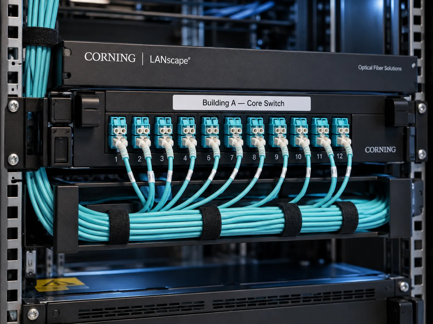 Corning LANscape fiber optic patch enclosure with twelve duplex LC connectors seated in a Corning module, aqua OM4 multimode patch cords looped in a service loop below, and a label strip identifying Building A Core Switch, illustrating structured fiber cabling.