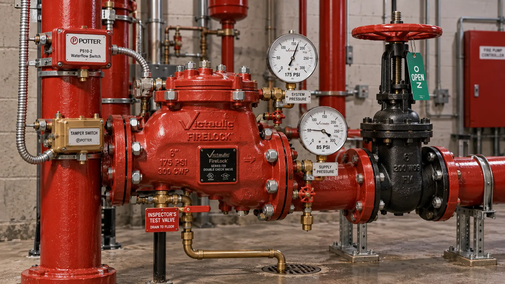 Victaulic FireLock double-check valve assembly and riser in a mechanical room with red-painted 6-inch steel pipe, brass tamper switch and Potter waterflow switch mounted on the riser, black cast-iron OS and Y control valve tagged OPEN, pressure gauges reading 175 PSI and 85 PSI, and an inspector's test valve with brass drain to a floor drain, illustrating marketing services for fire sprinkler contractors.