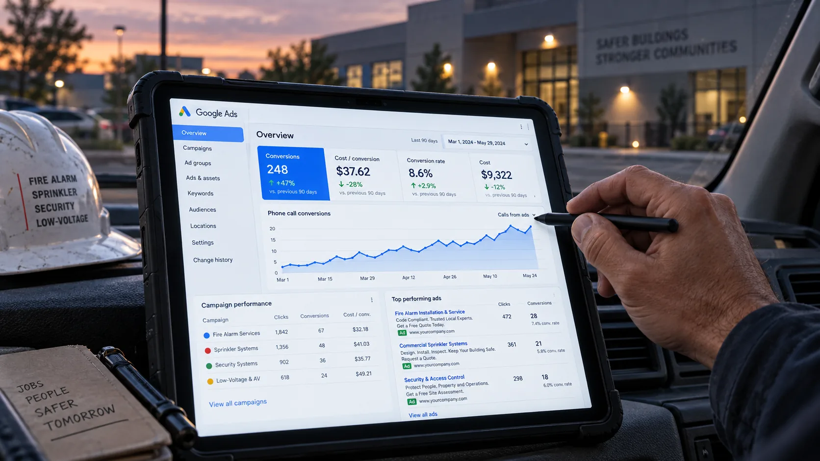 Google Ads campaign dashboard showing service call conversions on a tablet