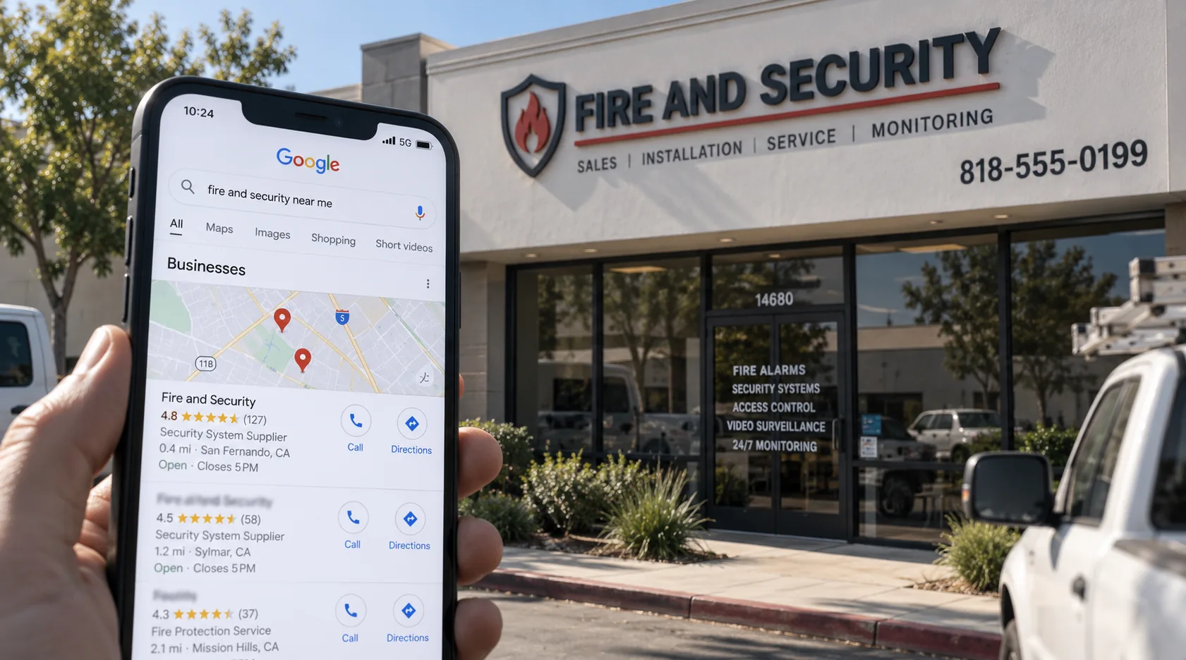 Contractor's Google Business Profile listing on a phone in front of their storefront