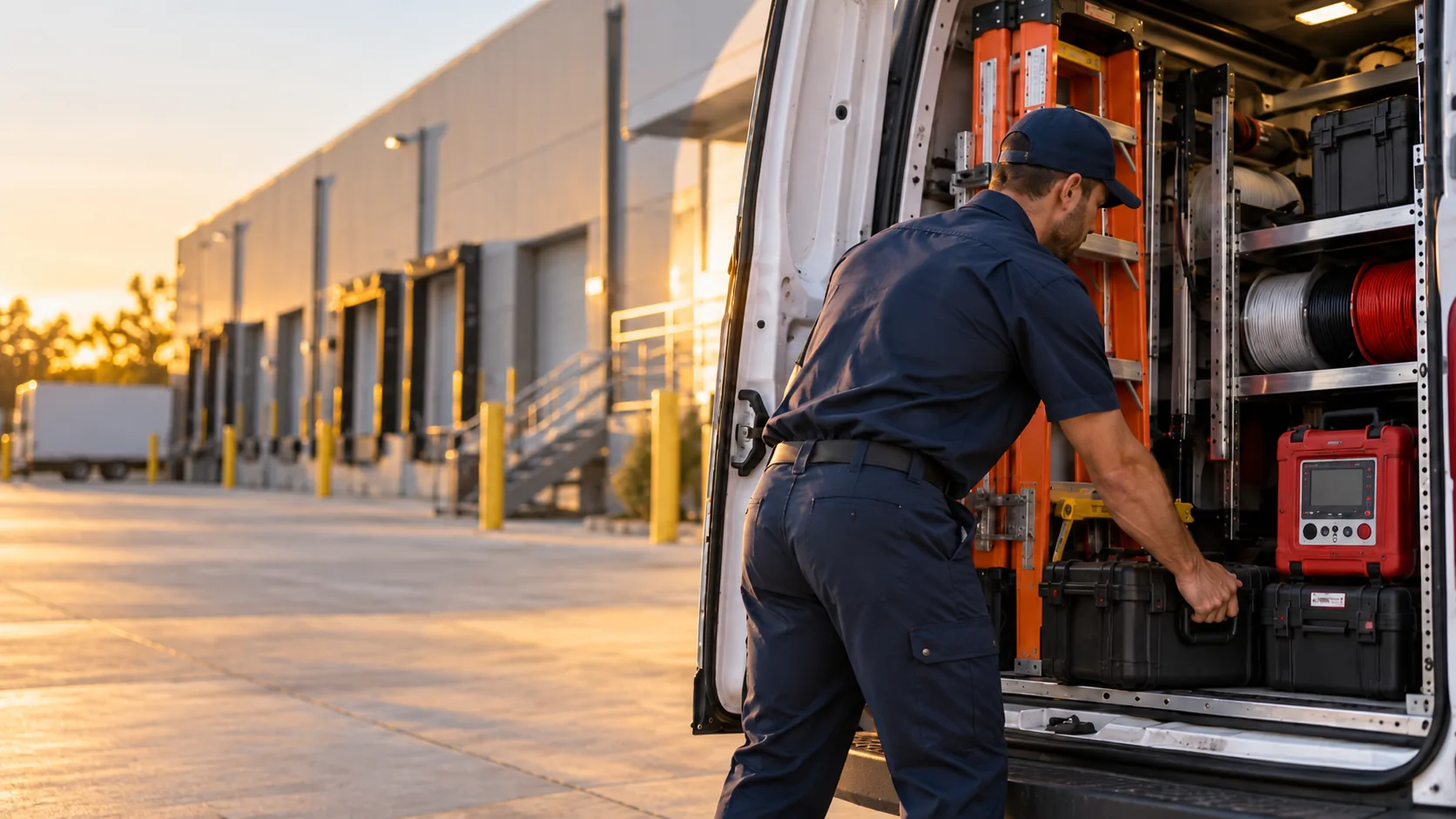 Low-voltage contractor's service van at a commercial jobsite