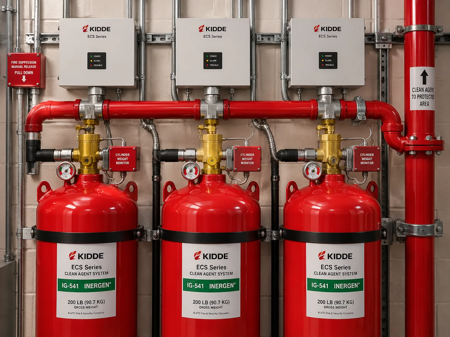 Bank of three Kidde ECS Series 200-lb clean-agent cylinders mounted to a wall in a mechanical closet with red pressure gauges, weight-monitoring switches, and a discharge manifold combining into a single red steel main leading up through the ceiling, illustrating commercial fire suppression devices.