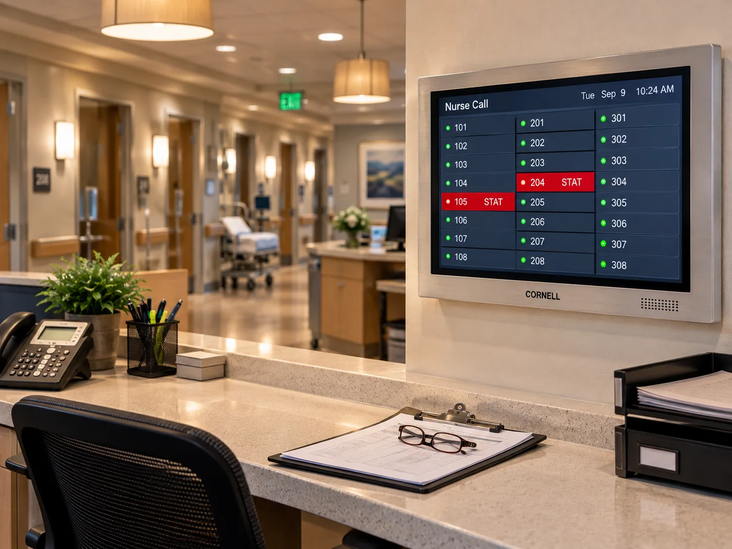 Cornell nurse-call annunciator display at an unattended nurse station showing red STAT alerts on rooms 105 and 204 across a grid of rooms 101-308, with a hospital corridor with patient beds blurred behind, illustrating marketing services for nurse call integrators.