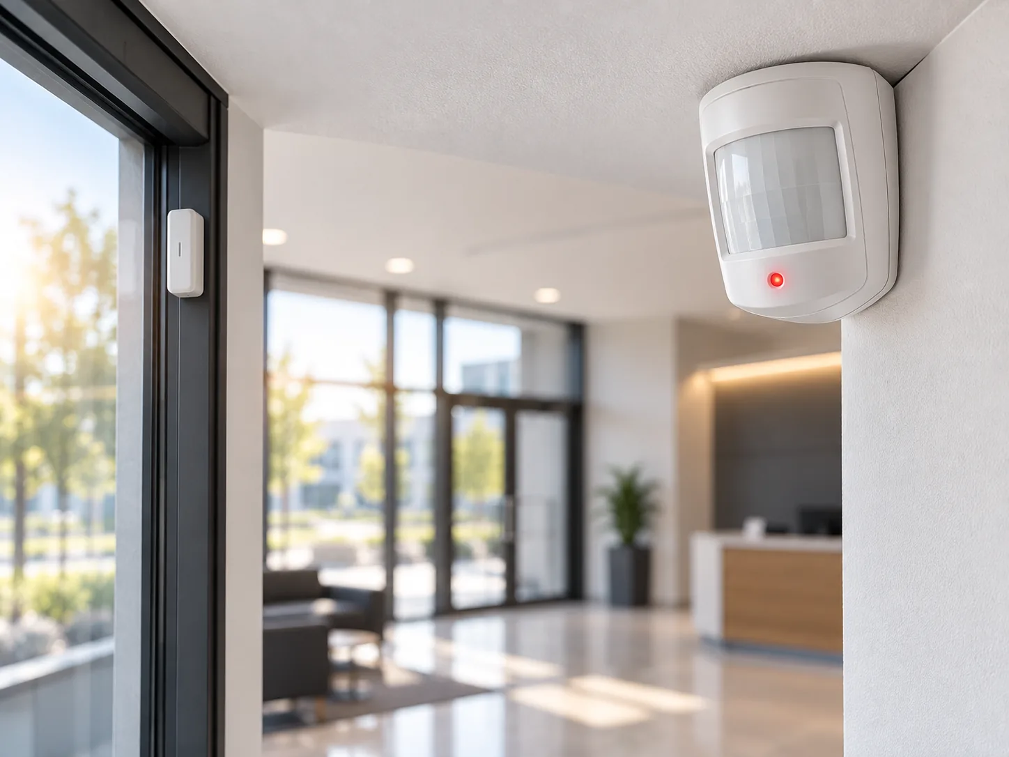 White PIR motion detector mounted in a ceiling corner with a red status LED, and a door contact sensor visible on a blurred glass office door in a modern commercial lobby, illustrating commercial burglar alarm and intrusion detection installations.