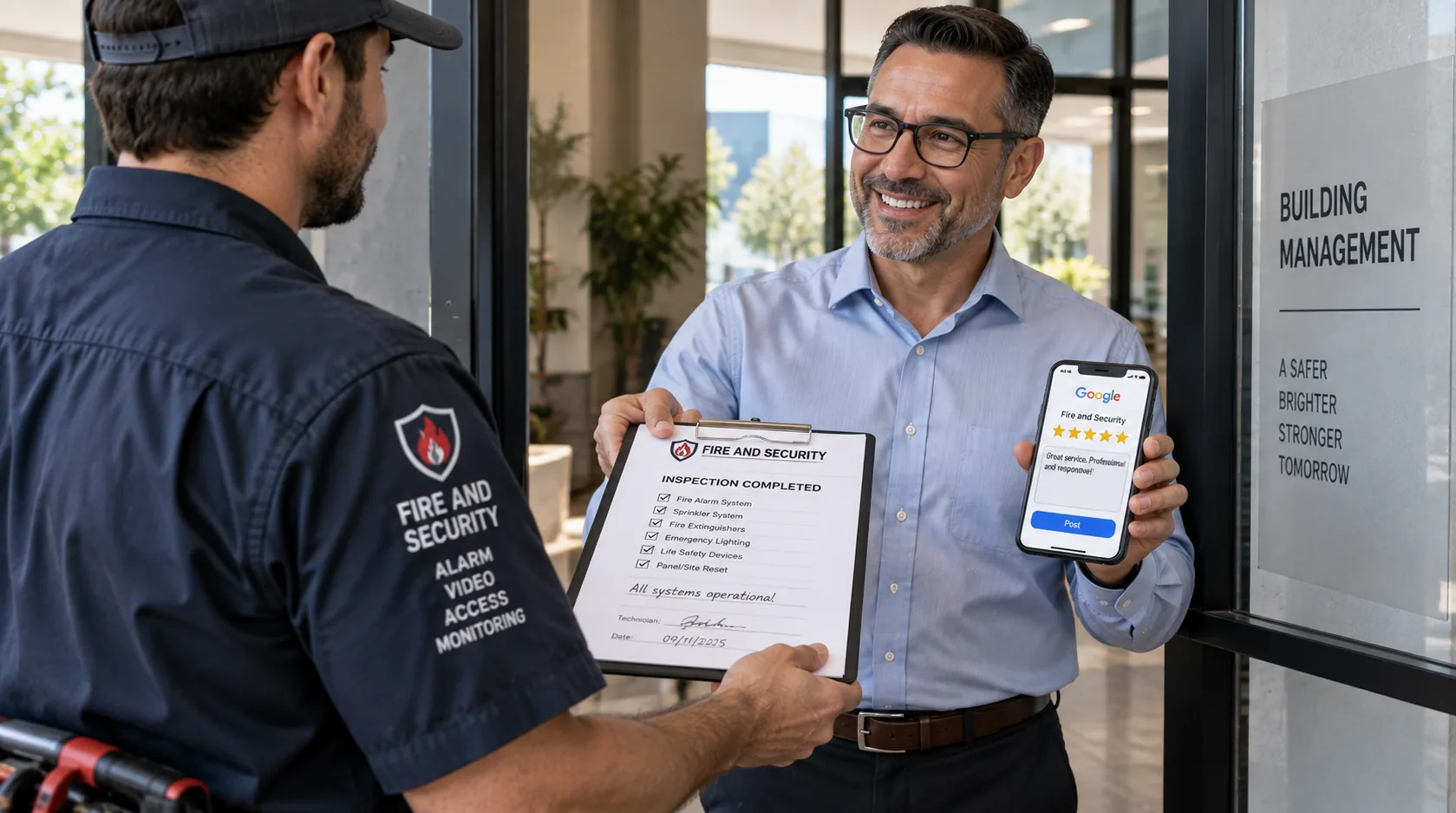 Technician handing off completed inspection paperwork to a building manager writing a Google review