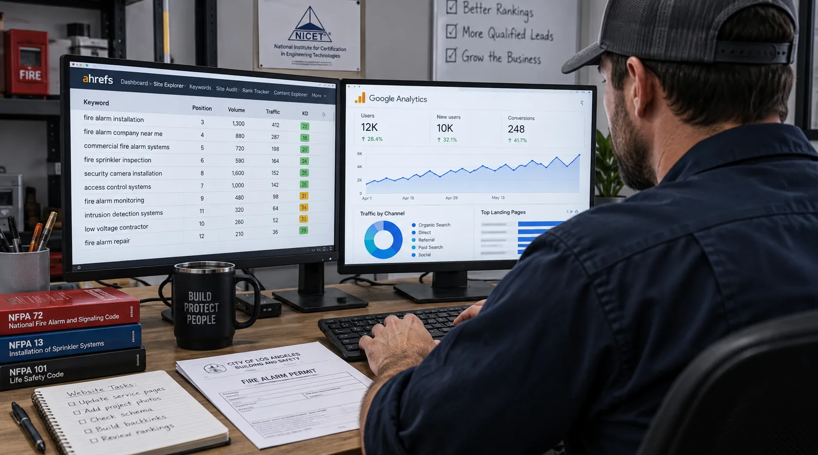 Contractor reviewing SEO analytics and keyword rankings at a workbench
