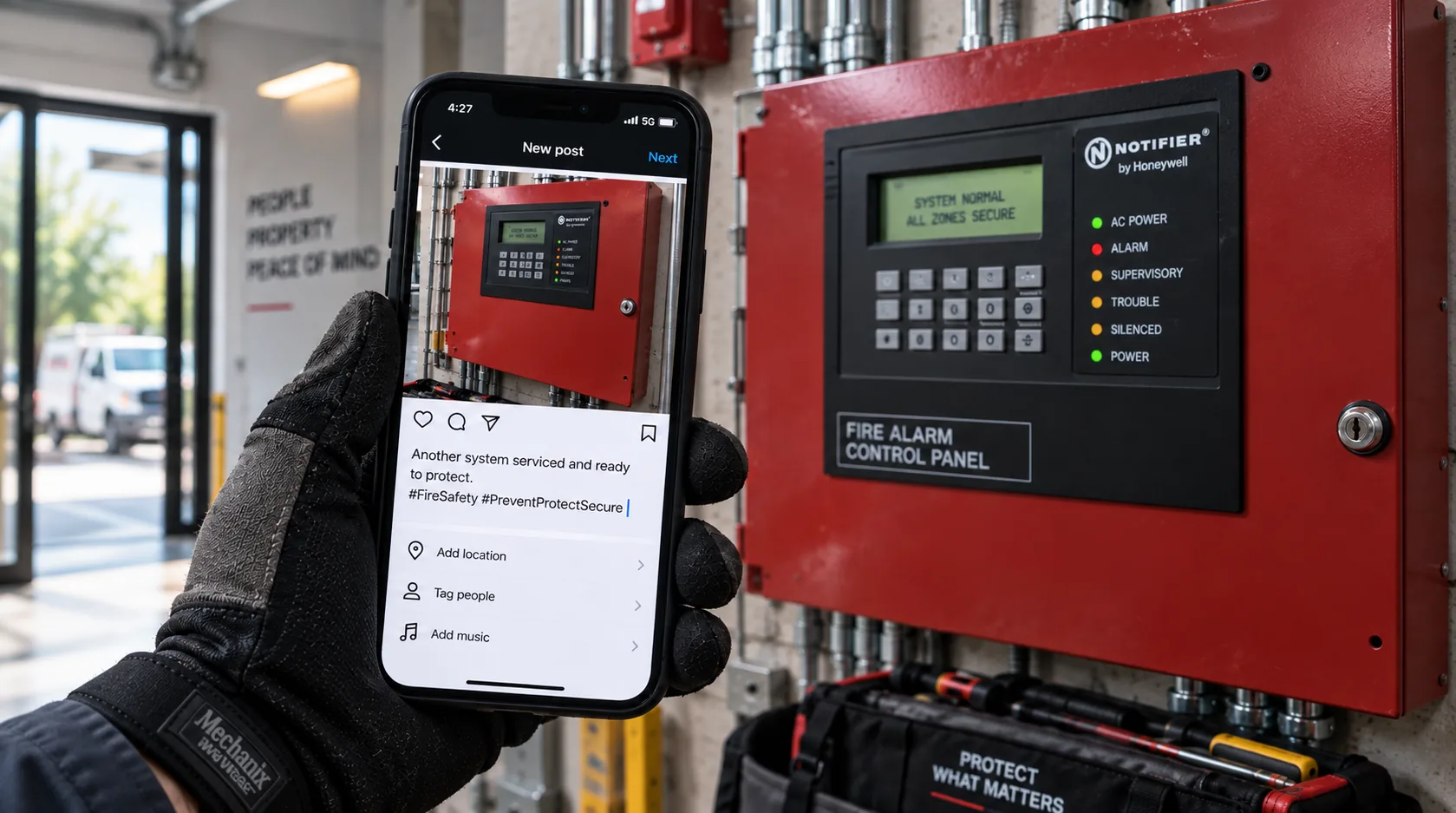 Technician composing an Instagram post of a serviced fire alarm control panel