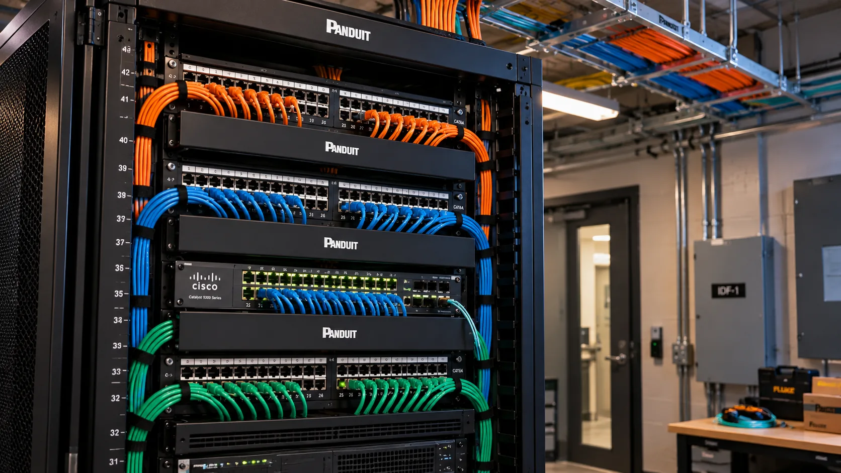 Panduit 42U server rack in a commercial IDF closet with three Panduit 48-port Cat6A patch panels neatly cable-managed by orange, blue and green pre-terminated patch cords running through horizontal cable managers, a Cisco Catalyst switch with all ports lit green in the middle, and ladder rack above with fiber innerduct crossing the ceiling, illustrating marketing services for structured cabling contractors.