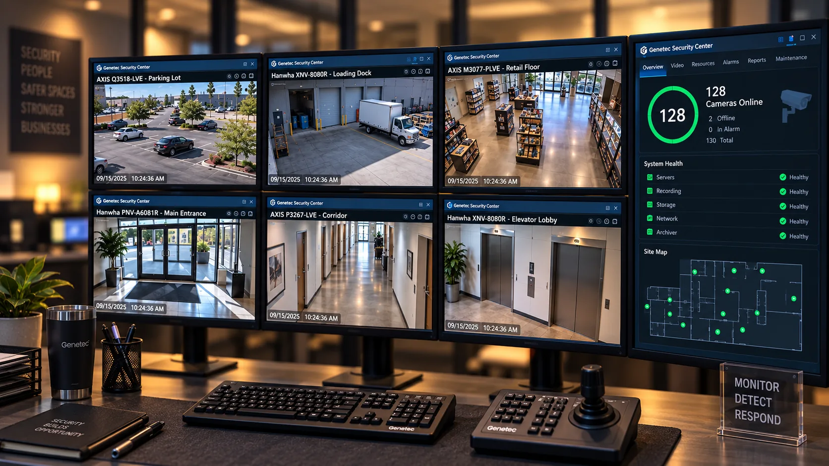 Genetec Security Center VMS operator wall with six monitors mounted at a security operations desk showing a live grid of Axis and Hanwha camera feeds across parking lot, loading dock, retail floor, corridor, entrance and elevator lobby, plus a camera-health dashboard showing 128 cameras online, illustrating marketing services for video surveillance system integrators.