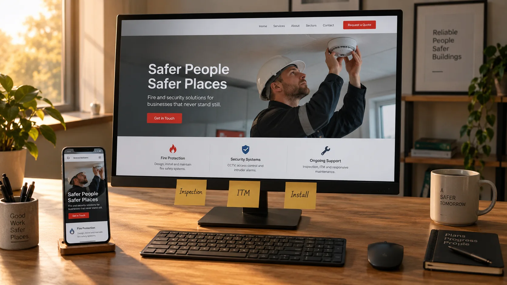 Fire and security contractor website design shown on desktop and mobile