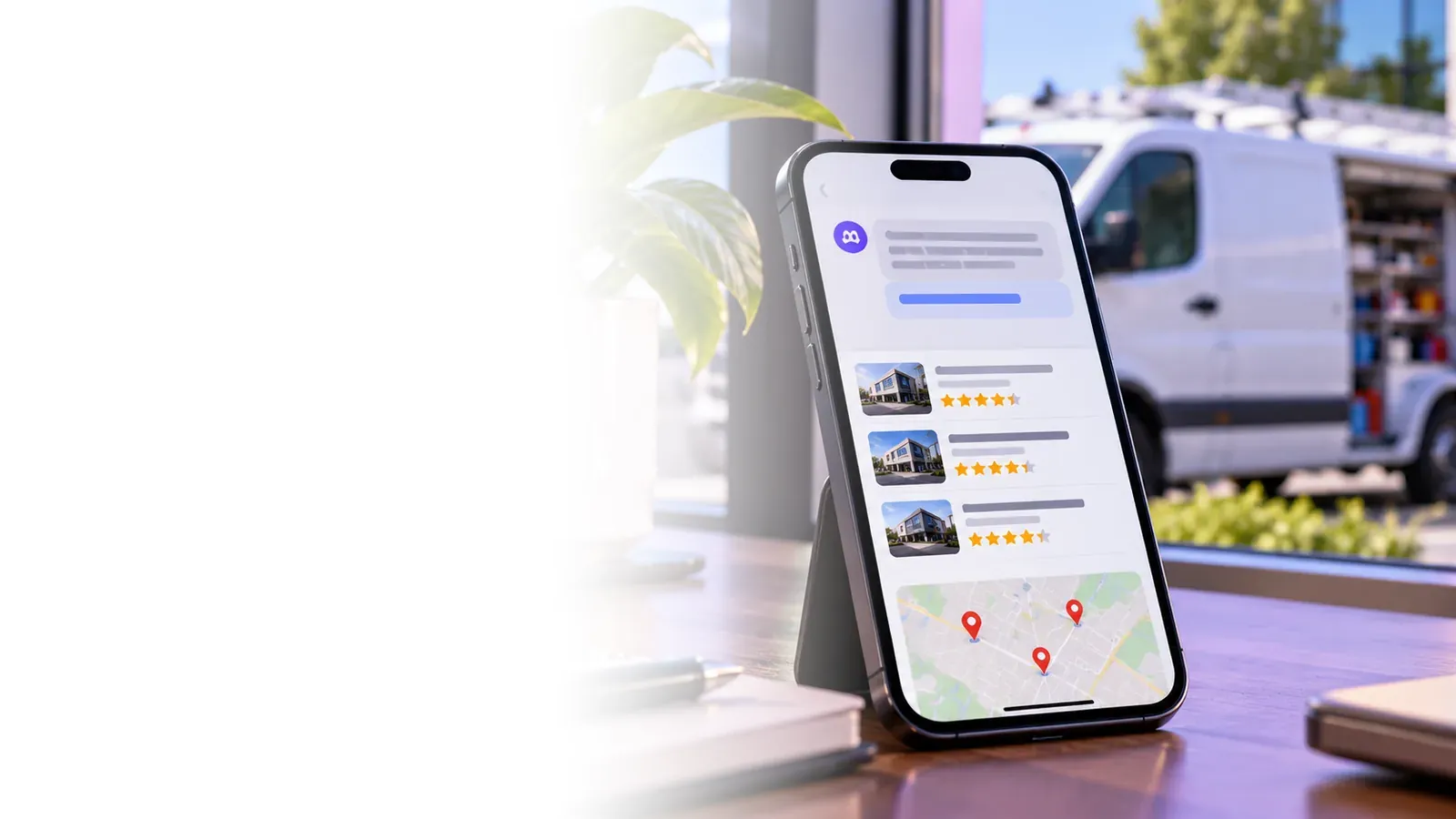 Phone showing an AI assistant answer with recommended local companies, a contractor van outside the window