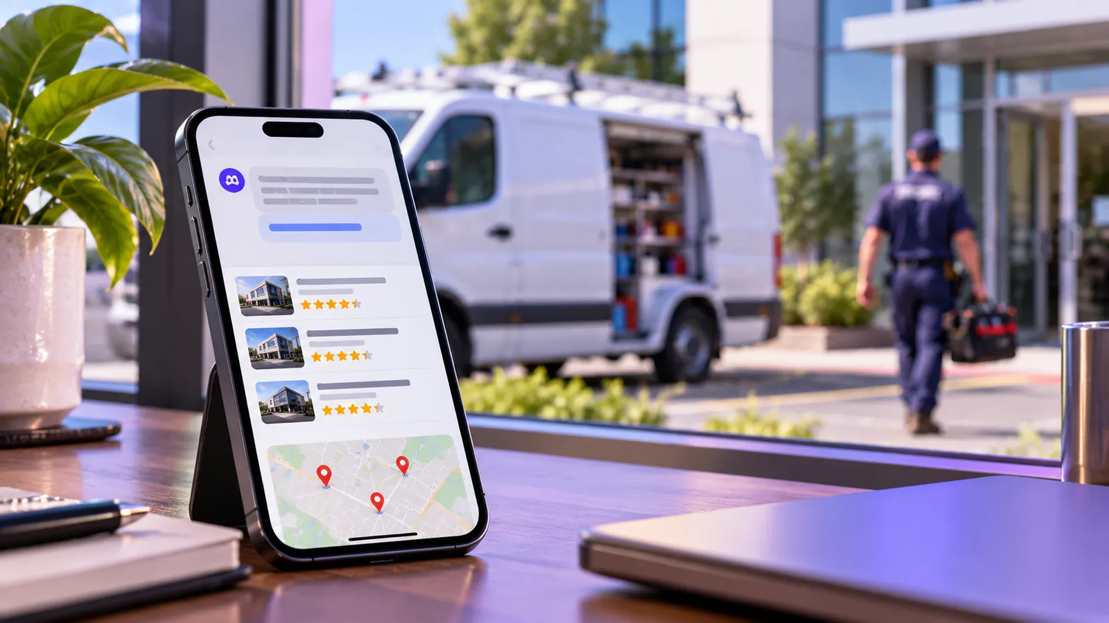 Phone showing an AI assistant answer with recommended local companies, a contractor van outside the window