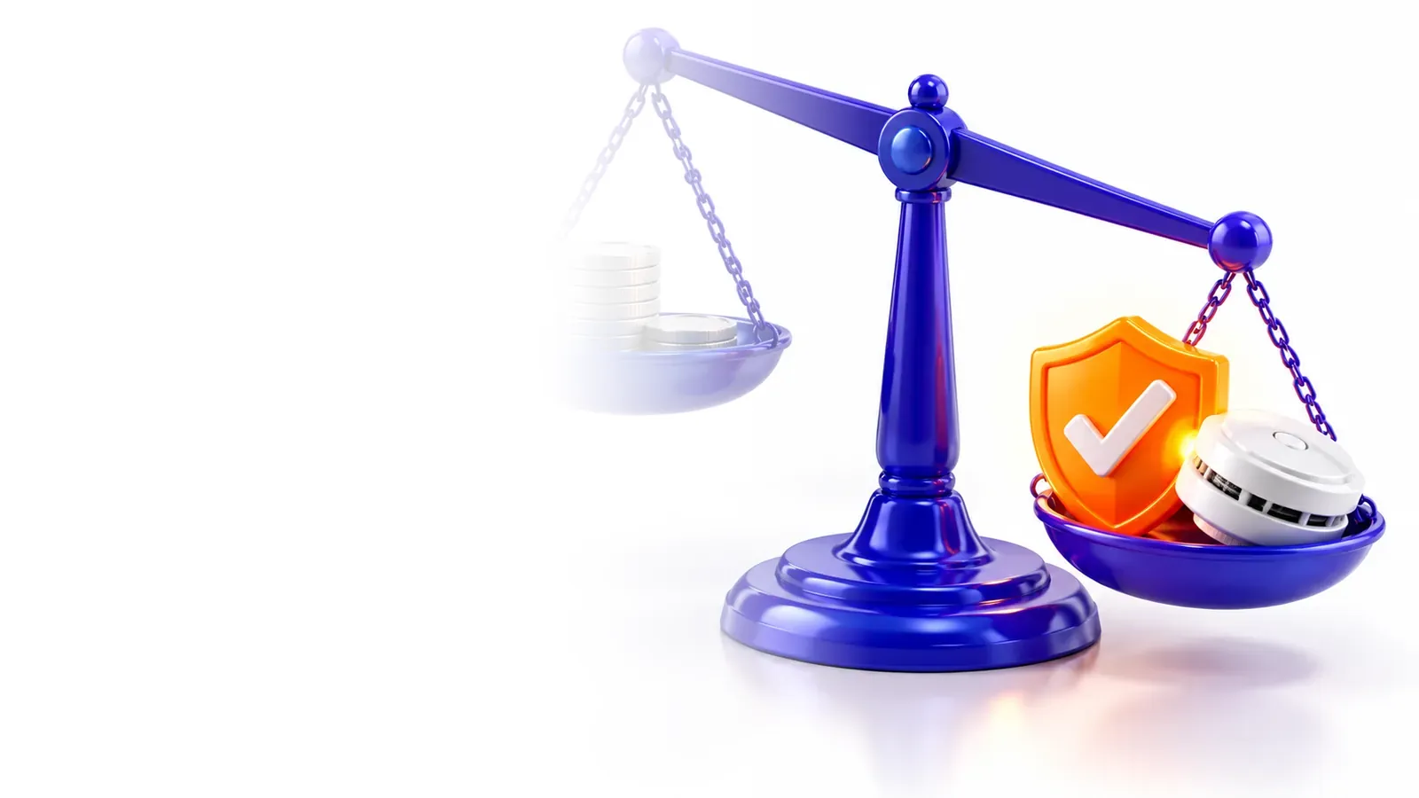 3D balance scale weighing a small stack of coins against an orange shield and smoke detector