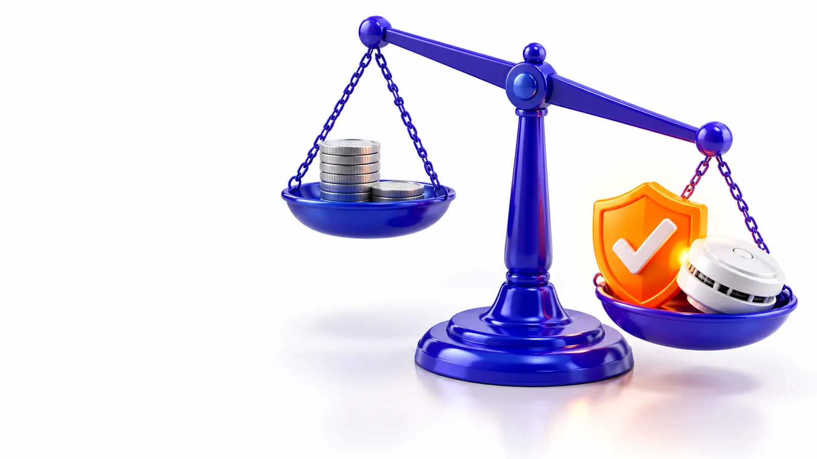 3D balance scale weighing a small stack of coins against an orange shield and smoke detector