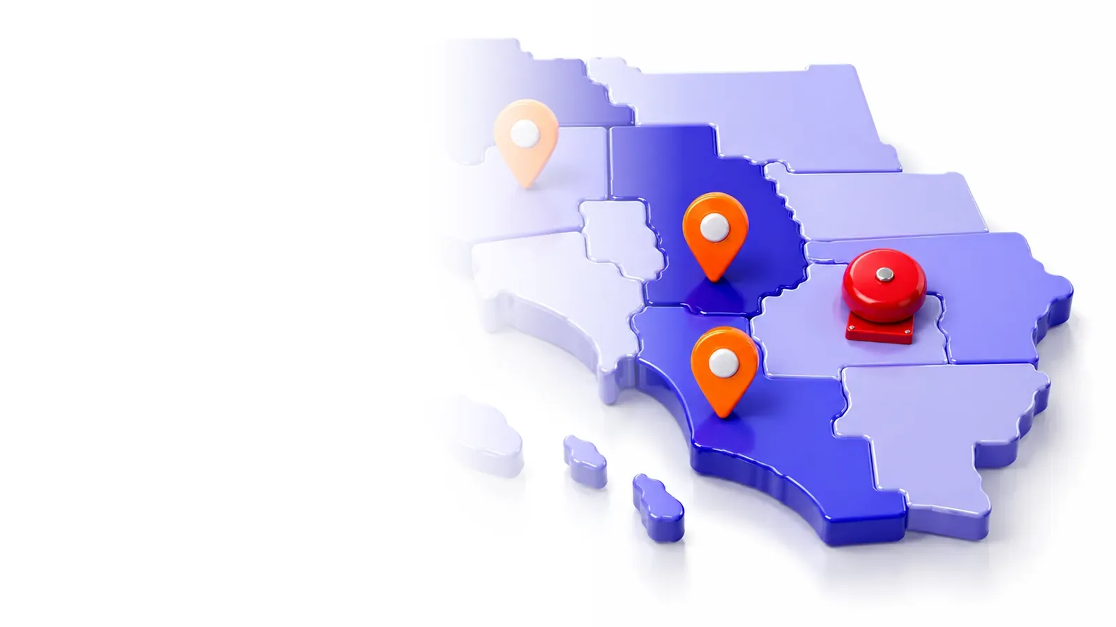 3D map of county tiles with orange location pins and a fire alarm bell