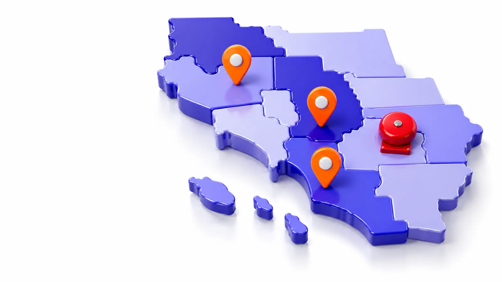 3D map of county tiles with orange location pins and a fire alarm bell