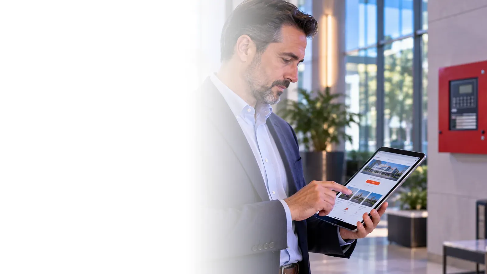 Facilities director in a building lobby browsing a company website on a tablet near a fire alarm panel