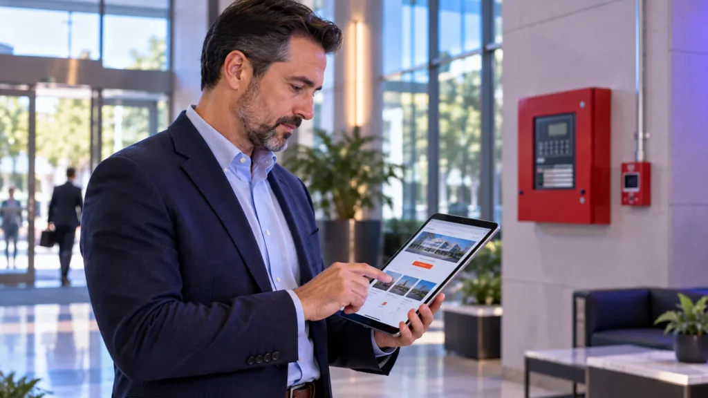 Facilities director in a building lobby browsing a company website on a tablet near a fire alarm panel
