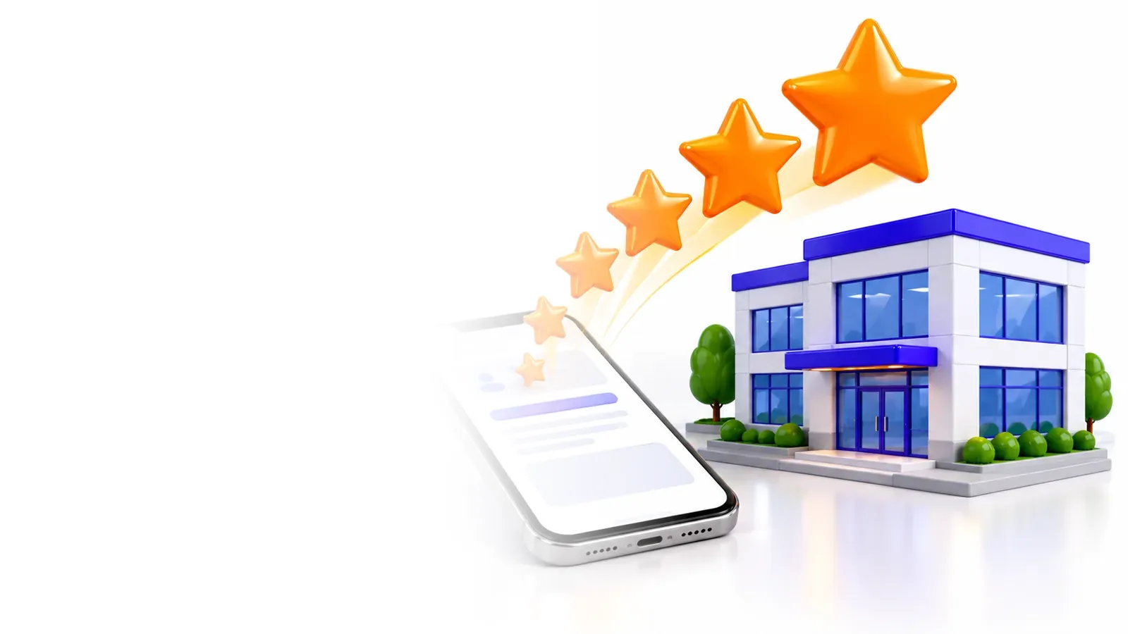 3D orange stars rising from a phone next to a small office building