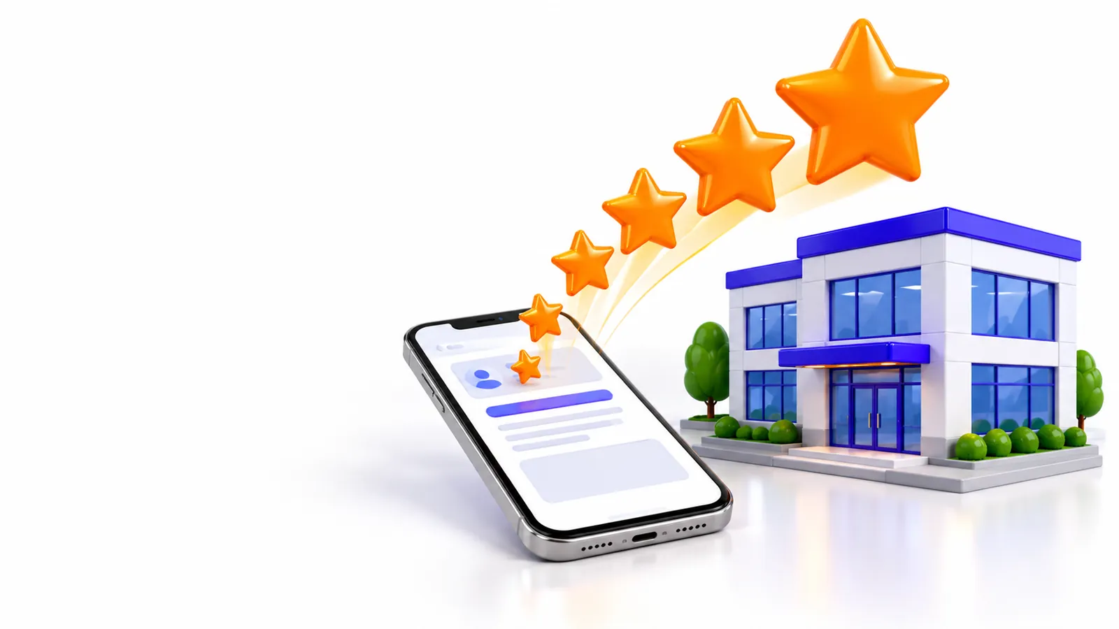 3D orange stars rising from a phone next to a small office building