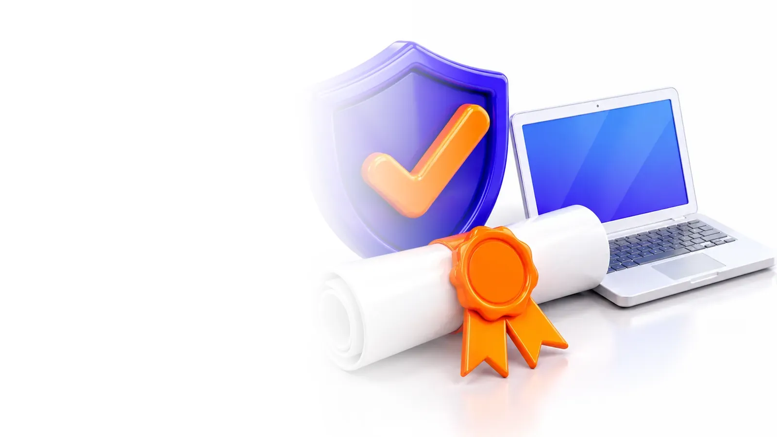 3D certificate with ribbon seal, shield badge with checkmark and a laptop