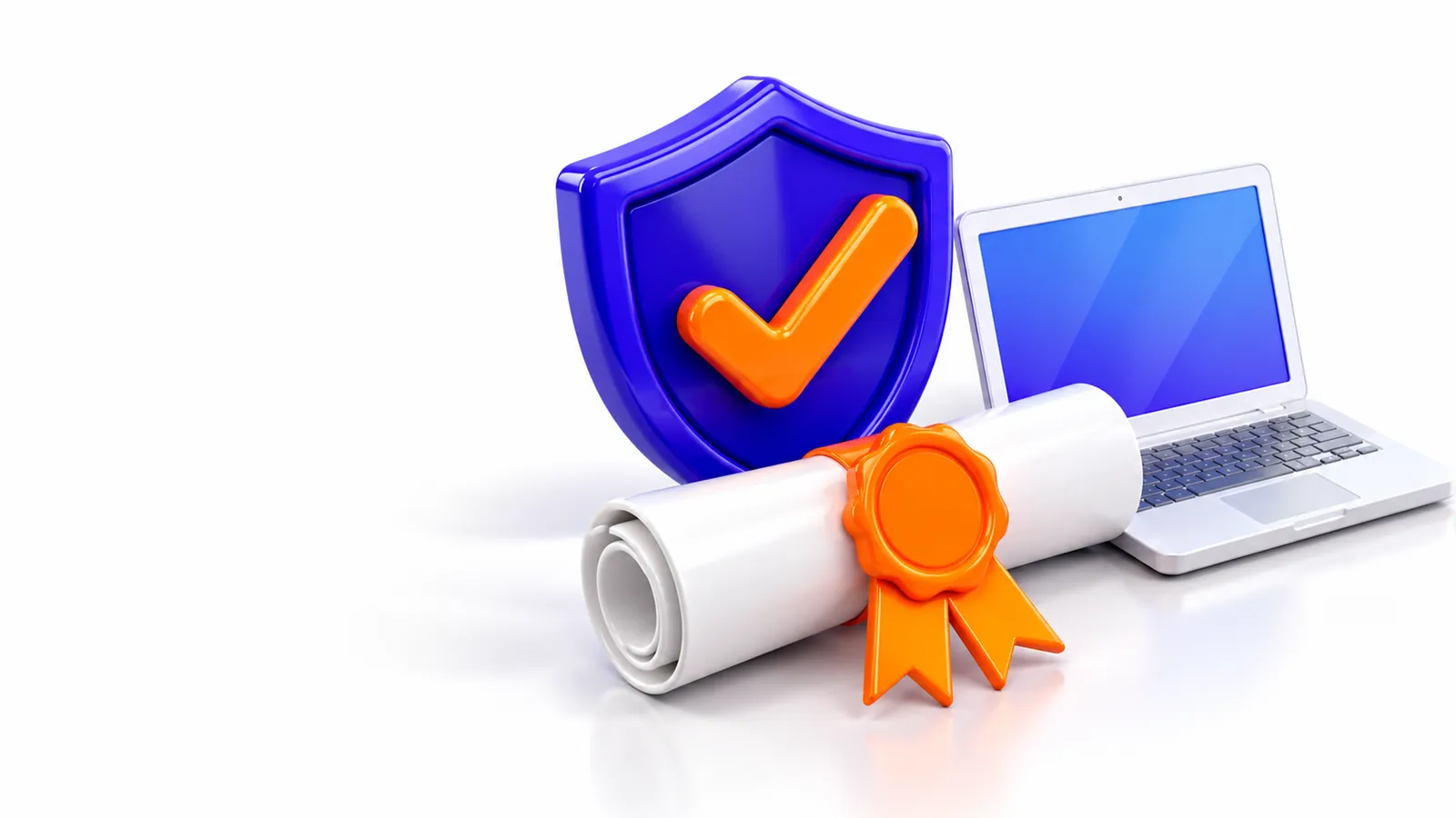 3D certificate with ribbon seal, shield badge with checkmark and a laptop