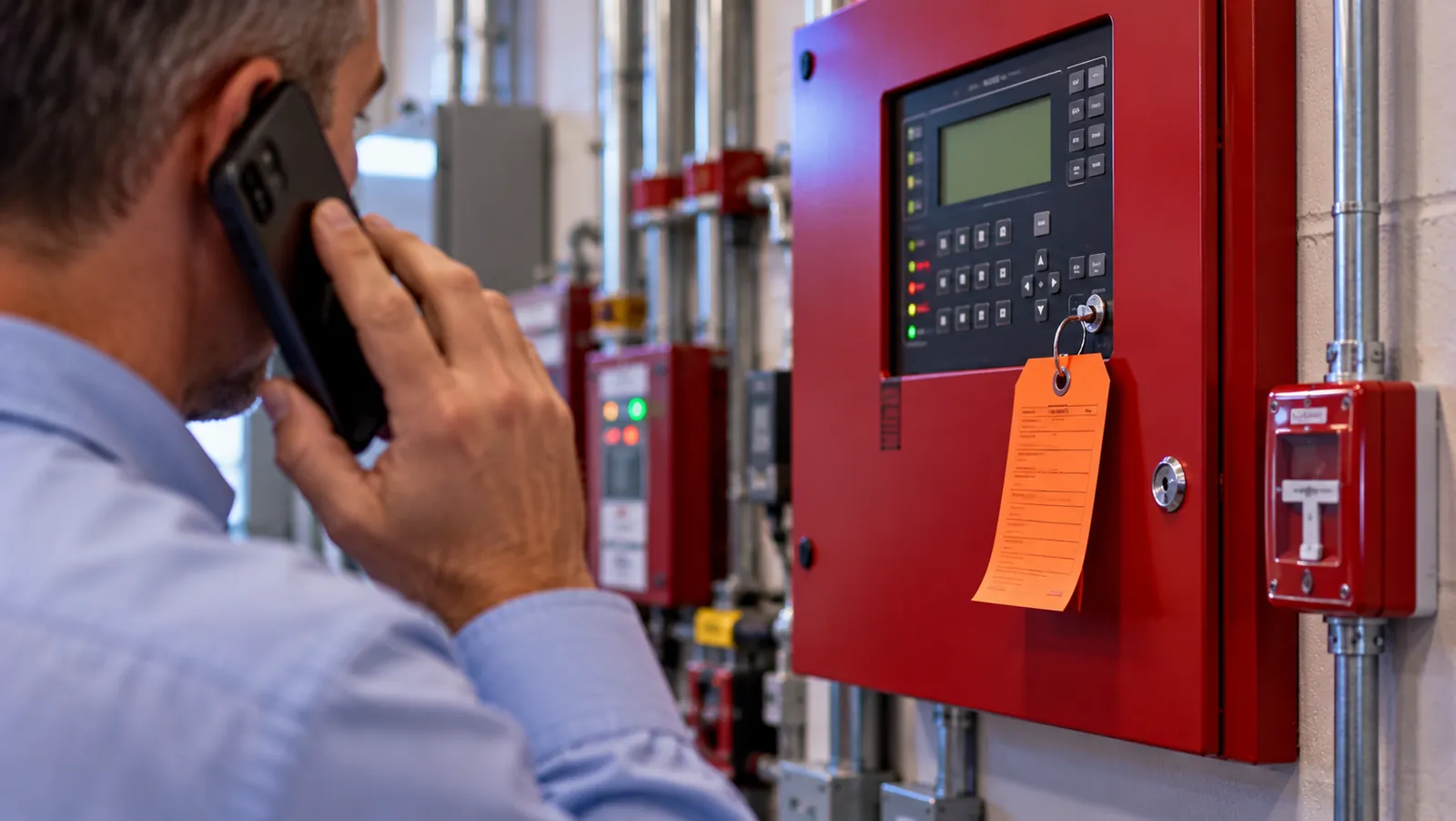 Building manager on a phone call next to a fire alarm control panel with an orange deficiency tag