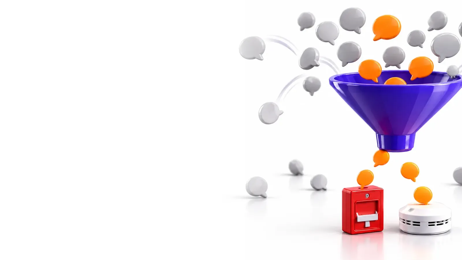 3D funnel letting a few orange search bubbles through to a fire alarm pull station and smoke detector while gray bubbles fall away