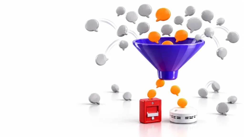 3D funnel letting a few orange search bubbles through to a fire alarm pull station and smoke detector while gray bubbles fall away