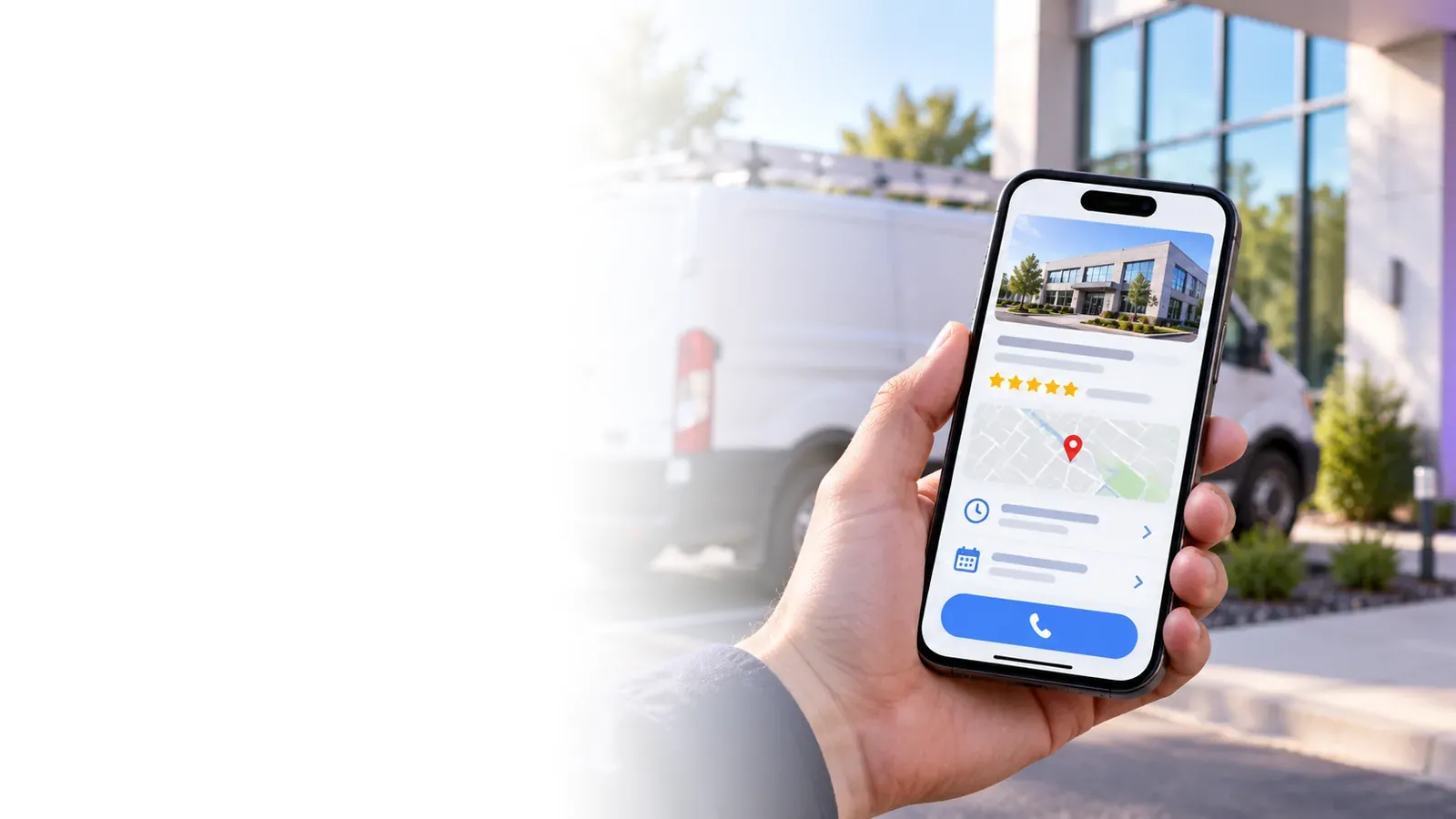 Hand holding a phone with a local business profile card, a service van and fire alarm technician outside an office building