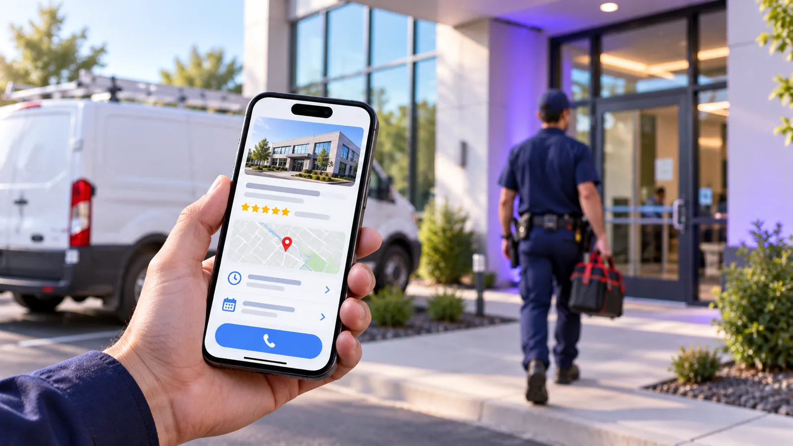 Hand holding a phone with a local business profile card, a service van and fire alarm technician outside an office building