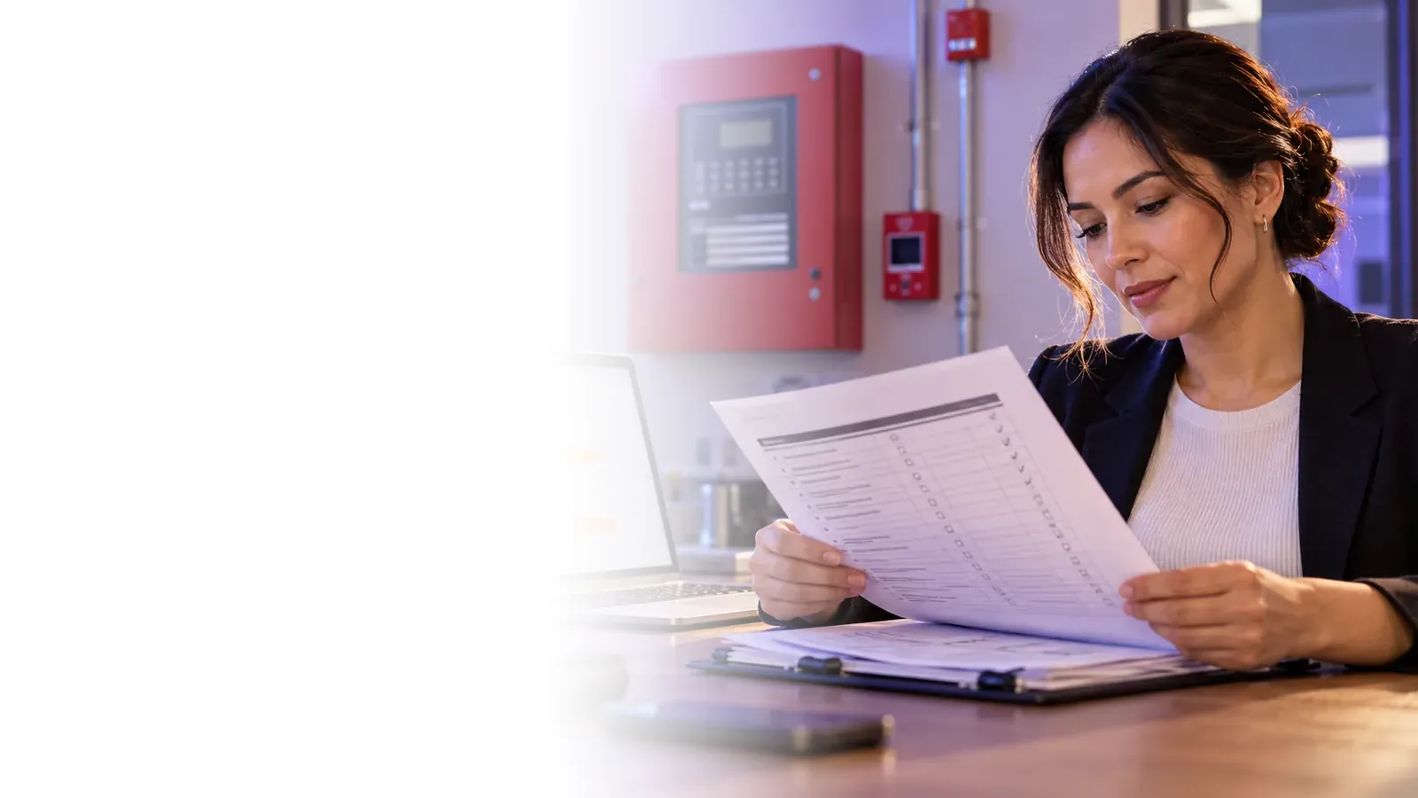 Facility manager reviewing a fire alarm inspection report with a calendar of yearly appointments on her laptop