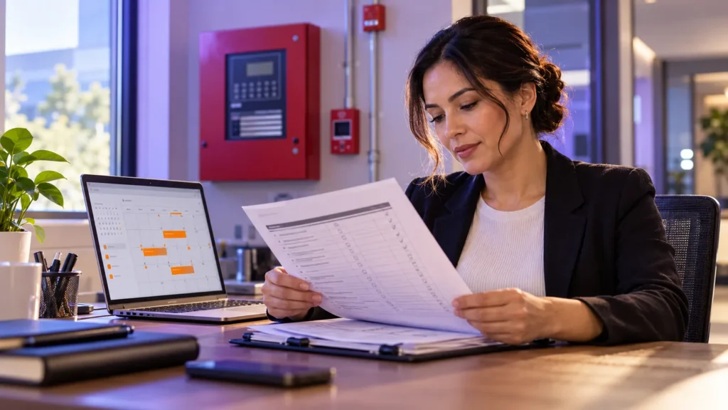 Facility manager reviewing a fire alarm inspection report with a calendar of yearly appointments on her laptop
