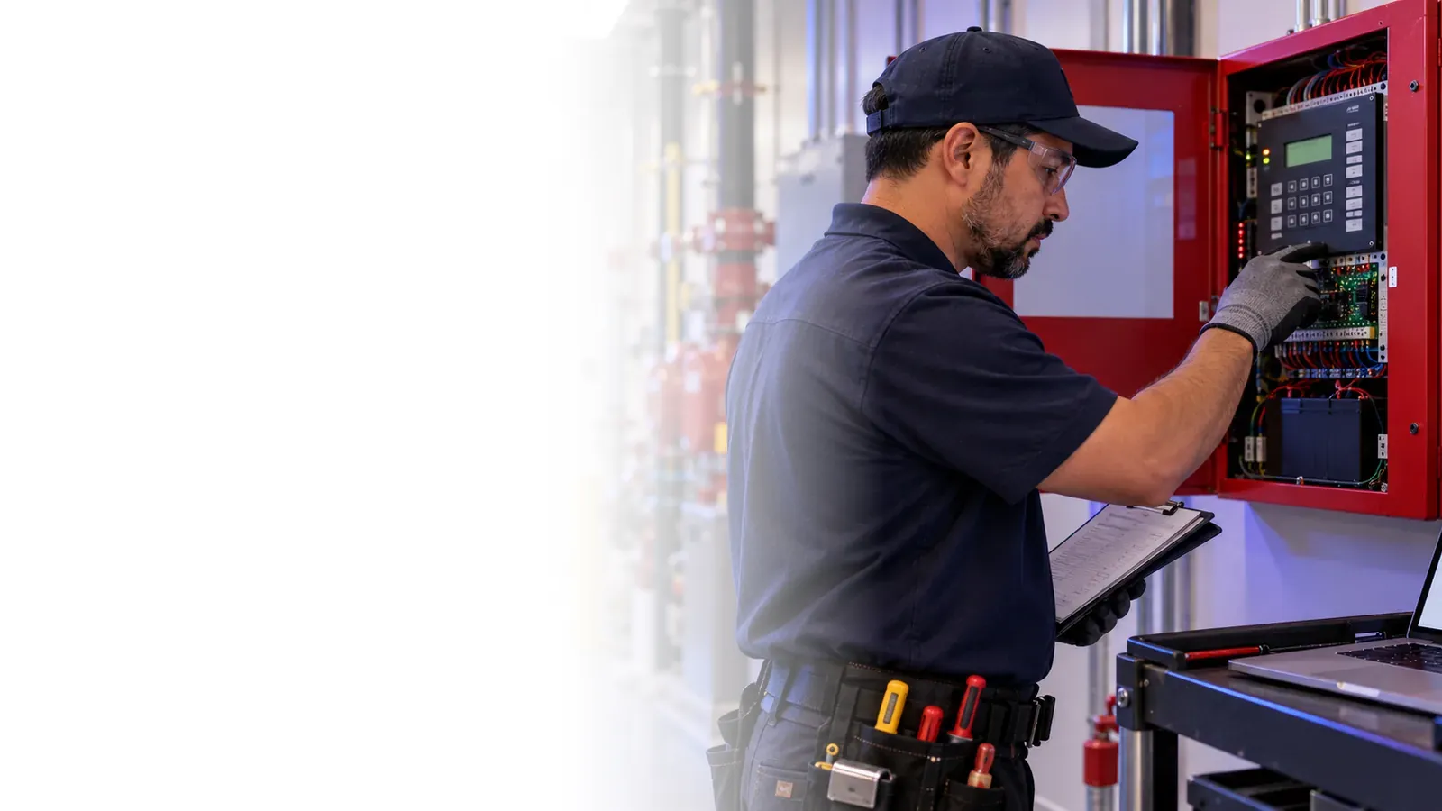 Technician inspecting an open fire alarm control panel next to a laptop showing a service page with a call button