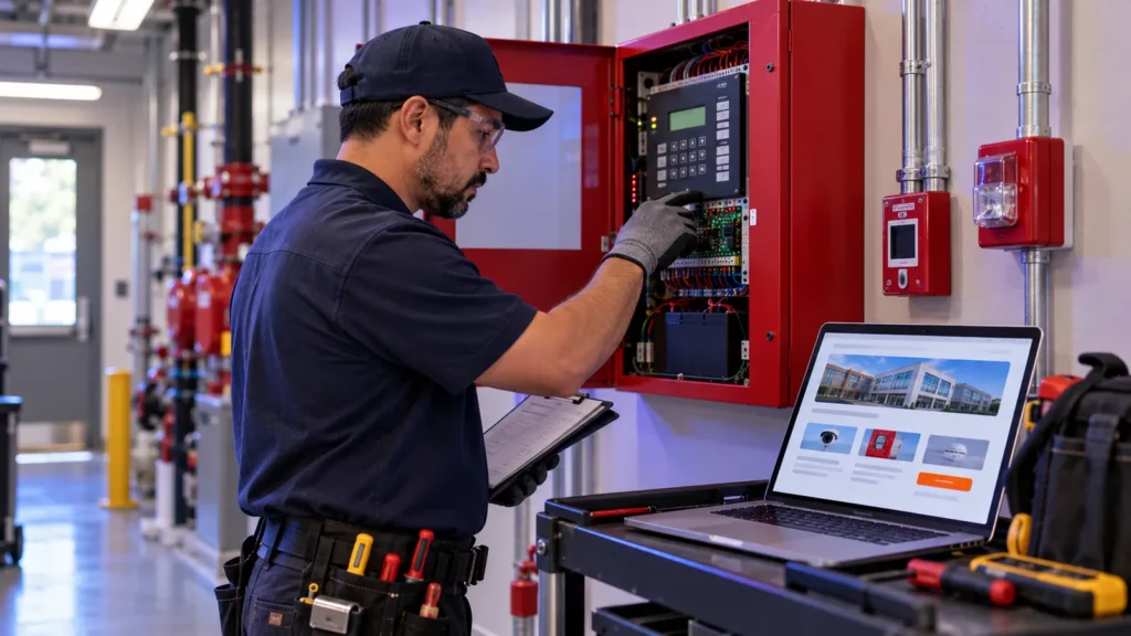 Technician inspecting an open fire alarm control panel next to a laptop showing a service page with a call button