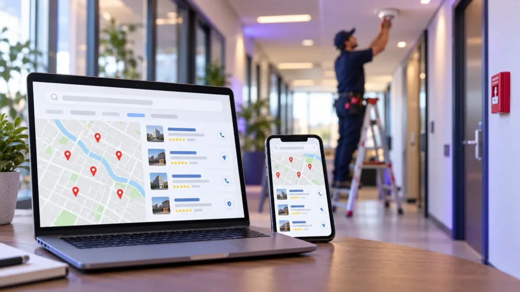 Laptop and phone showing local search results while a fire alarm technician tests a ceiling smoke detector in an office corridor