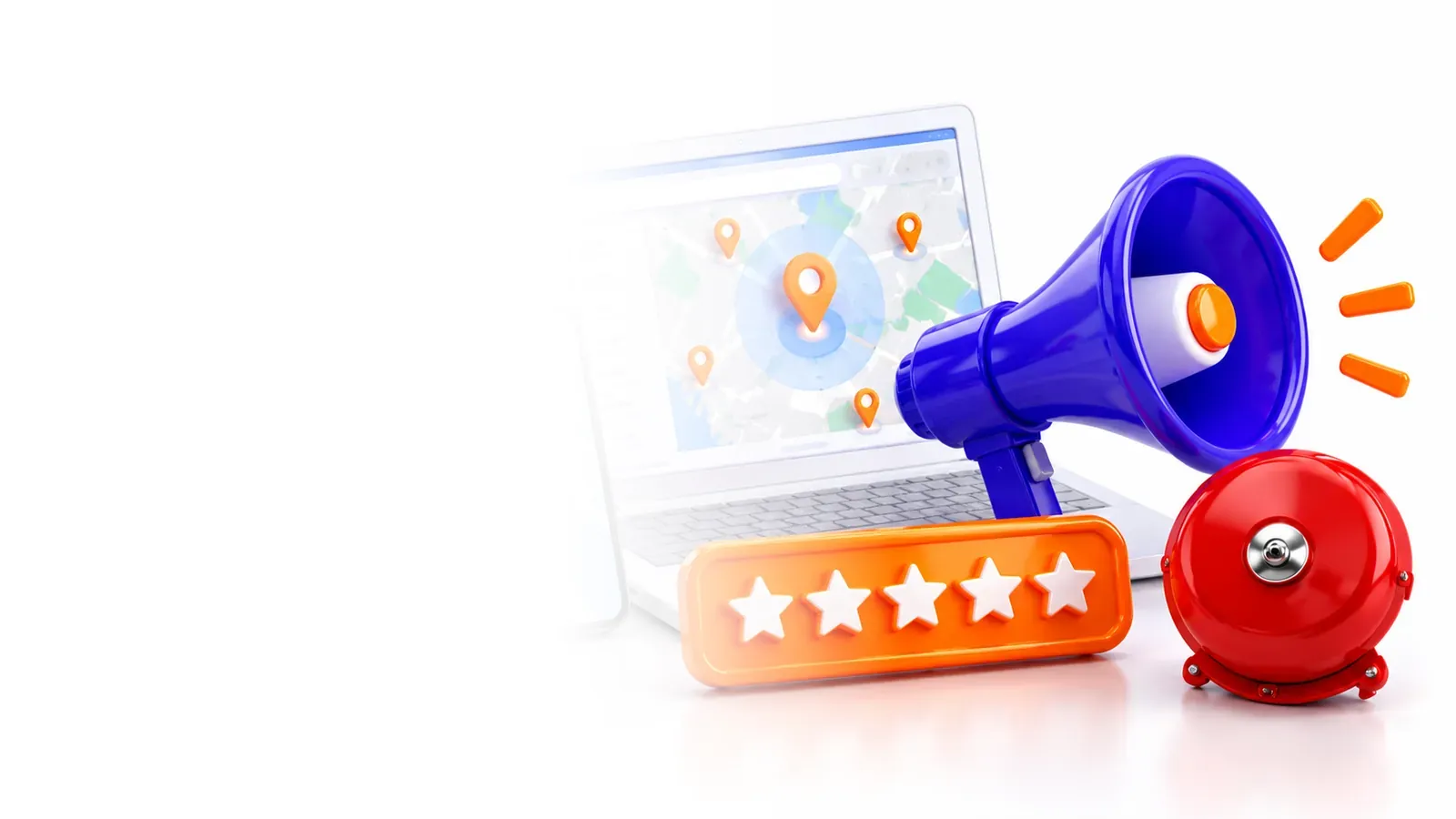3D laptop, phone with map pin, five-star badge, megaphone and fire alarm bell on an indigo background