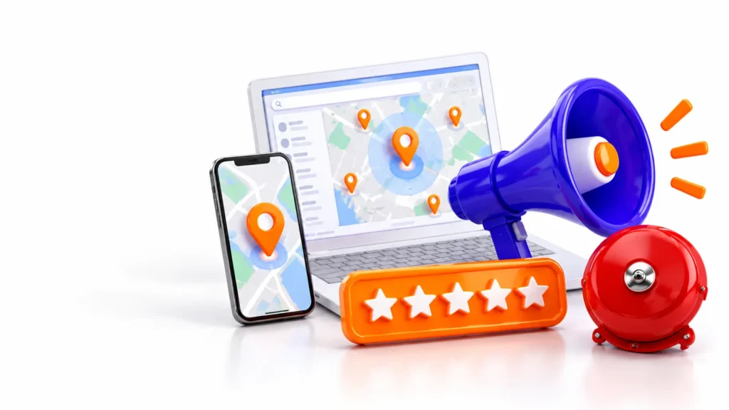 3D laptop, phone with map pin, five-star badge, megaphone and fire alarm bell on an indigo background