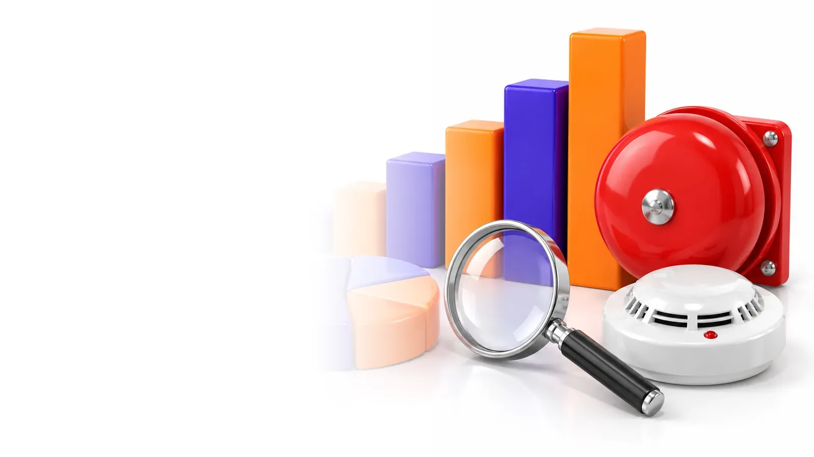 3D bar chart, pie chart, magnifying glass, fire alarm bell and smoke detector on an indigo background