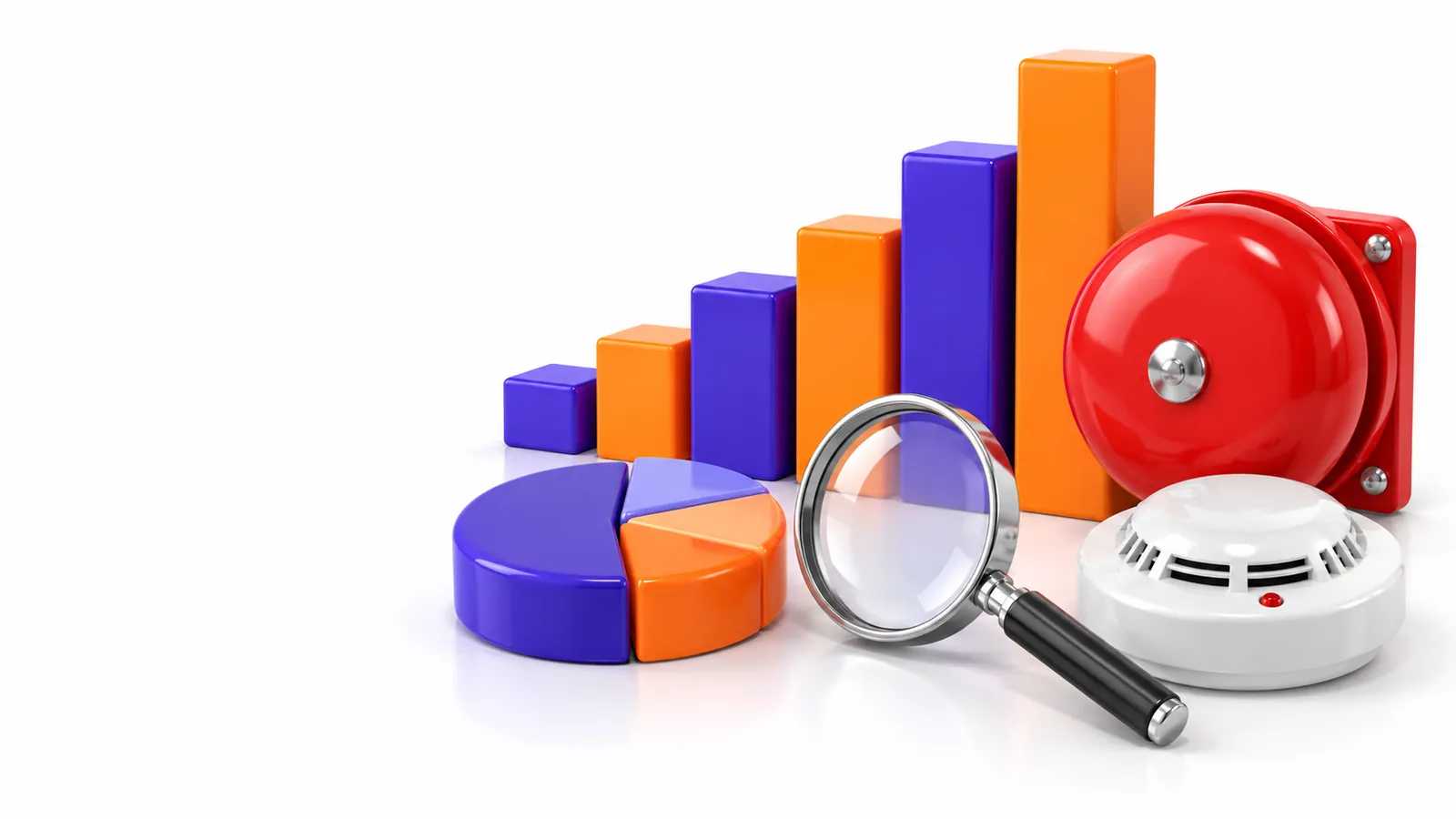 3D bar chart, pie chart, magnifying glass, fire alarm bell and smoke detector on an indigo background