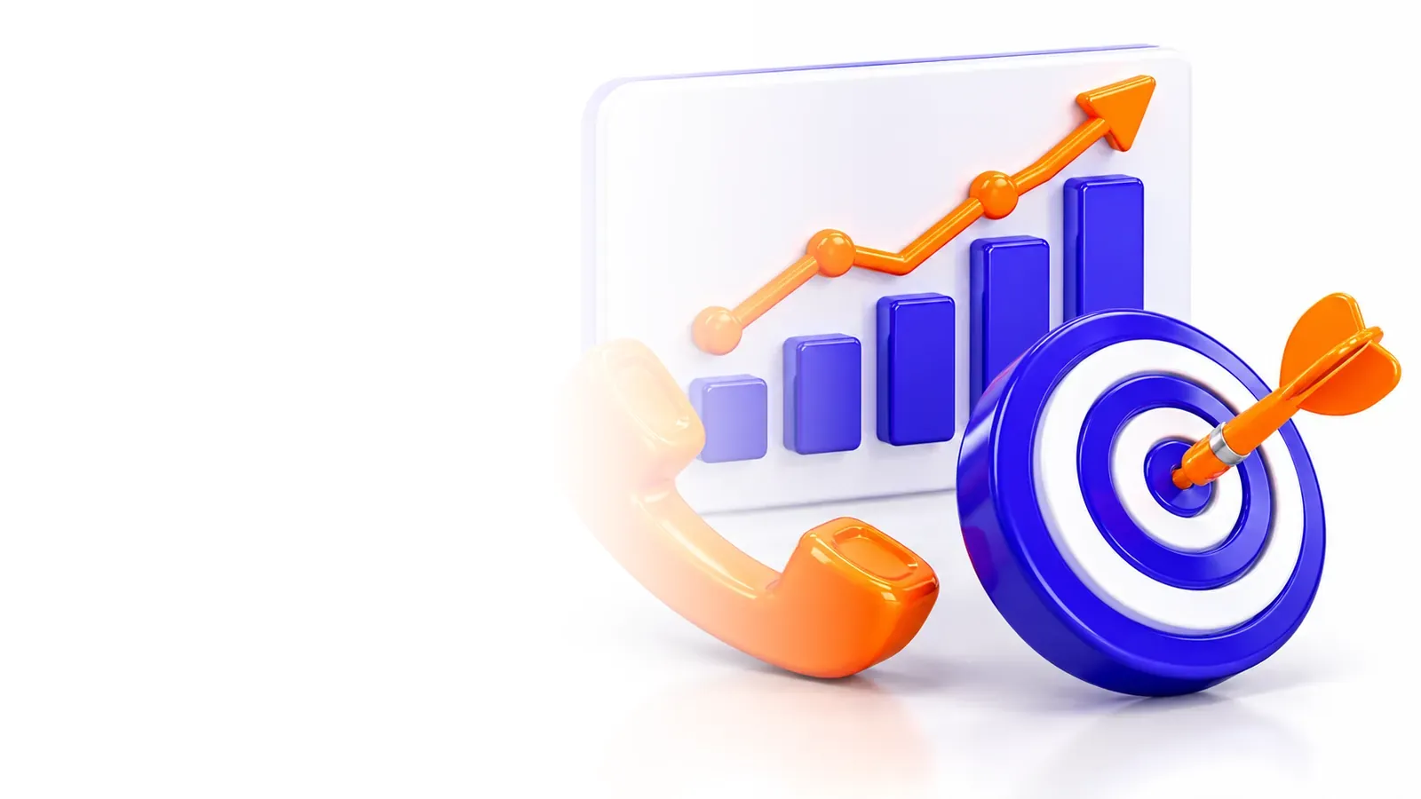 3D dashboard with a rising orange line graph, phone icon and target with a dart in the bullseye